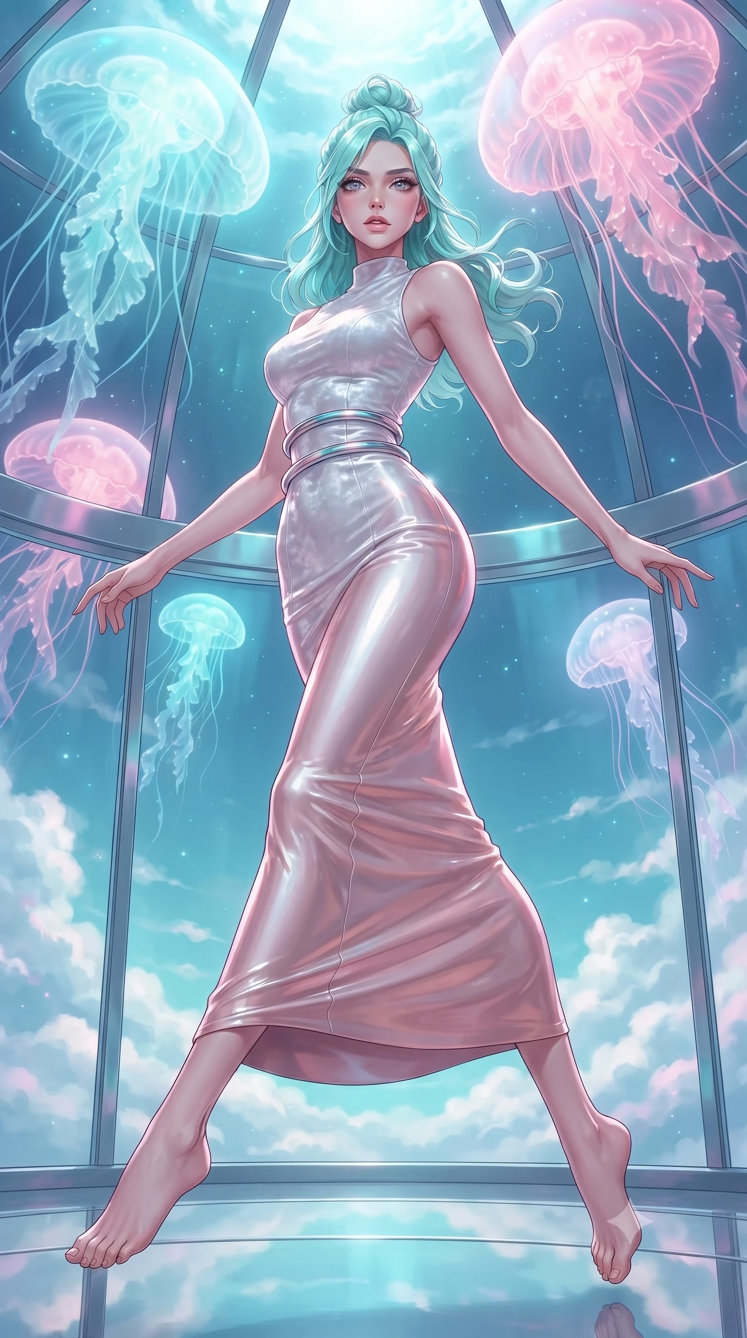 score_9, masterpiece, best quality, ultra-detailed, high-budget anime keyframe, editorial fashion photography, tasteful artistic composition, Japanese woman. low angle full-body shot from head to toe showing her feet, filling the entire 9:16 vertical frame with her statuesque presence, stretching her vertical silhouette. leaping dynamically through the luminous sky, her posture full of power and elegance, navigating a glass-walled celestial dome as giant bioluminescent opal jellyfish drift overhead, soft opal bioluminescence filtering through delicate translucent tentacles. She has an absolutely perfect, statuesque 8.5-heads proportion, an exceptionally tall and slender model-like female figure with impossibly long slender legs and an ultra-slim waist. sharp v-shaped jawline, high-bridge nose, intricate jewel-like eyes with depth, thick eyelashes, glossy lips with a natural sheen. wearing sculpted form-fitting crushed white velvet column gown in rose-gold pink, made of high-gloss liquid pearl vinyl, accented with sculpted opal chrome rings at the waist, the fitted fabric emphasizing her ultra-slim waist. bathed in iridescent cyan and rose-pink light filtering through translucent jellyfish. ultra-reflective glossy finish, specular highlights, metallic sheen, high-contrast stereoscopic depth, volumetric dynamic lighting, 2k, ultra detail, master piece, 9:16 ratio