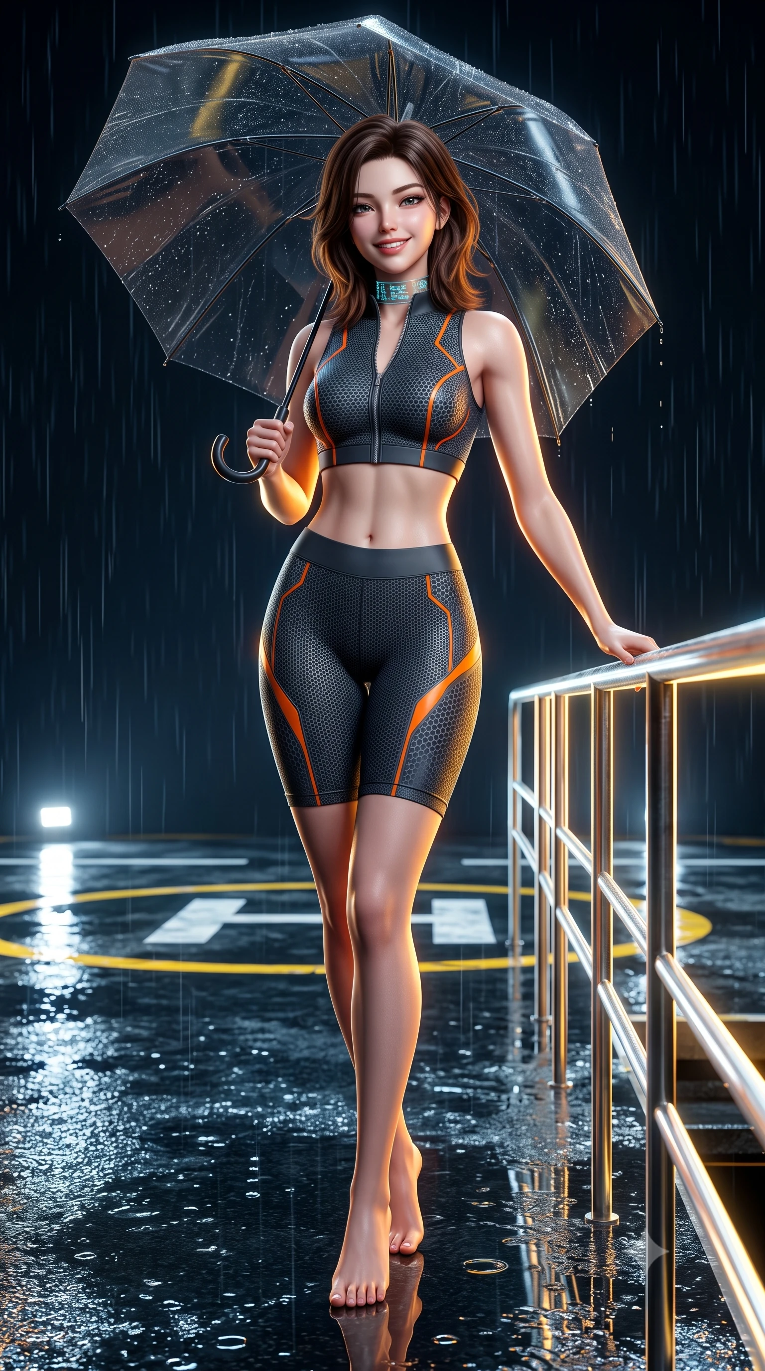 score_9, masterpiece, best quality, ultra-detailed, high-budget anime keyframe, semi-realistic 3D game render, editorial fashion photography, tasteful artistic composition, Korean woman. low angle full-body shot from head to toe showing her feet, filling the entire 9:16 vertical frame with her statuesque presence, stretching her vertical silhouette. standing in a tall, confident posture with one hand on a glowing metal railing, stretching her statuesque body as she arches her lower back to emphasize her sculpted feminine hips and slender waist while standing poised on the wet reflective helipad under a black transparent umbrella, arching her back with sovereign supermodel poise. The surrounding environment is rendered in vivid detail and crisp panoramic clarity: sharp wet tarmac puddle specular highlights, illuminated yellow helipad markings, and rain streak clarity in deep focus. She has an absolutely perfect, statuesque 8.5-heads proportion, an exceptionally tall and slender model-like female figure with impossibly long slender legs, an ultra-slim waist, a flat toned midriff, narrow delicate ribcage, and beautifully sculpted feminine hips creating a graceful, slim hourglass silhouette without any bulky heaviness. sharp v-shaped jawline, high-bridge nose, intricate jewel-like sparkling eyes with depth, thick eyelashes, glossy parted lips with a natural sheen, bright confident smile with an enchanting and coquettish sensual glint, exuding both youthful magnetic charm and sovereign high-tech allure, flawlessly proportioned anatomical accuracy, strict slender model proportions, natural body alignment, perfectly sculpted long slender limbs, ultra-slim waistline, clean dynamic posture without body distortion. wearing a sleek two-piece combat athletic set with a zip-front mock-neck crop top and contouring biker shorts hugging her curvy hips in stealth charcoal slate and molten laser orange, woven from delicate semi-opaque high-tensile nano-mesh with intricate hexagonal micro-patterns, complemented by a high-tech holographic choker projecting miniature glyphs, the high-waisted tailoring accentuating her ultra-slim waistline and the enchanting curve of her feminine hips with alluring dark charm. illuminated by helipad floodlights and sharp golden rim lights defining her sculpted collarbones, ultra-slim waist, and curvy hips. highly saturated vibrant anime colors, detailed shading with soft gradients, rich glossy textures, high-contrast stereoscopic depth, volumetric dynamic lighting, master piece, 9:16 ratio
