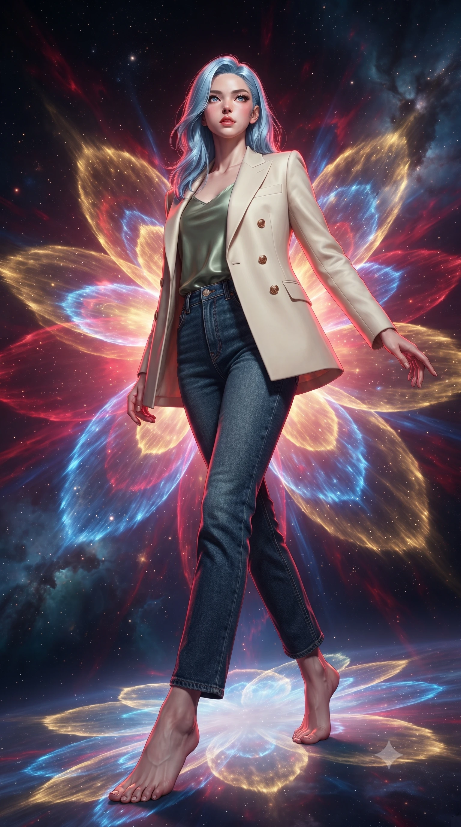 score_9, masterpiece, best quality, ultra-detailed, high-budget anime keyframe, editorial fashion photography, tasteful artistic composition, Korean woman. low angle full-body shot from head to toe showing her feet, filling the entire 9:16 vertical frame with her statuesque presence, stretching her vertical silhouette. navigating with fluid motion through witnessing the controlled explosion of a dying star whose energy releases in breathtaking slow-motion petals of pure light each layer peeling away in expanding shells of gold crimson and electric blue. She has a statuesque 8.5-heads proportion, an exceptionally tall, slender and willowy model-like build with impossibly long legs and a highly sculpted ultra-slim waist. sharp v-shaped jawline, high-bridge nose, intricate jewel-like eyes with depth, thick eyelashes, glossy lips with a natural sheen. wearing a tailored cream double-breasted blazer over a sage green silk top, paired with raw dark blue denim. deep crimson theatrical lighting with sharp specular highlights on every curve. 2k, ultra detail, master piece, 9:16 ratio