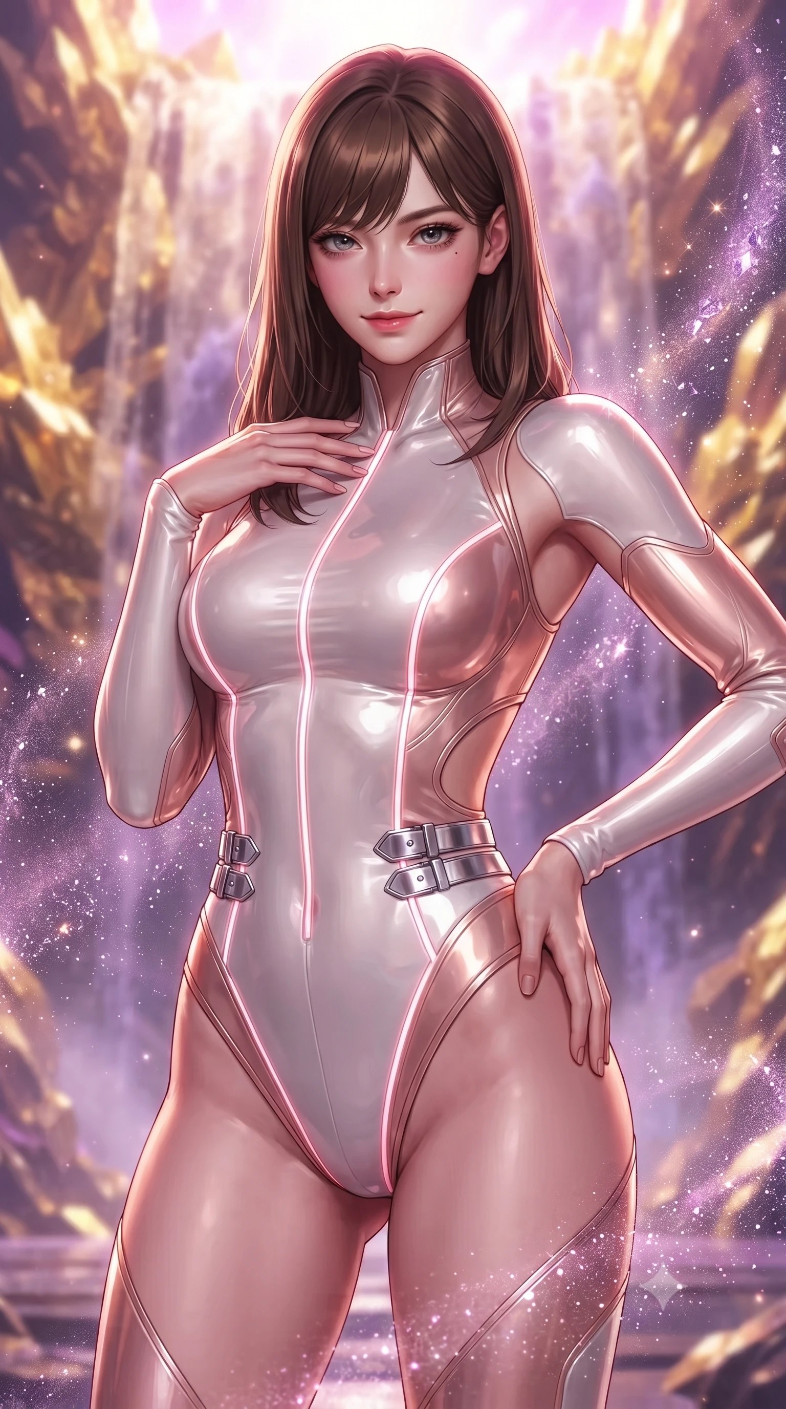 score_9, masterpiece, best quality, ultra-detailed, high-budget anime keyframe, editorial fashion photography, tasteful artistic composition, Korean woman. close-up cowboy shot from the waist and thighs up, the character dominates the composition, filling the frame with her large presence, background elements kept in soft focus. Smiling with quiet, magnetic self-assurance directly into the lens poised before a giant golden fractal waterfall frozen into glass crystals, swirling gusts of fine purple crystal sand shimmering like diamond dust. She has an exceptionally elegant, slender, and willowy female figure with an ultra-slim waist, a gracefully sculpted slender torso, and a refined silhouette. sharp v-shaped jawline, high-bridge nose, intricate jewel-like eyes with depth, thick eyelashes, glossy lips with a natural sheen. wearing a skin-tight cybernetic bodysuit with glowing neon seams and side cutouts in pearl white and rose gold, tailored from high-gloss patent leather, detailed with polished silver buckles along the waistline, the elegant draped fit framing her graceful clavicle and slender torso. bathed in radiant magenta and gold sky glow with sharp mineral speculars. highly saturated vibrant anime colors, detailed shading with soft gradients, rich glossy textures, high-contrast stereoscopic depth, volumetric dynamic lighting, master piece, 9:16 ratio