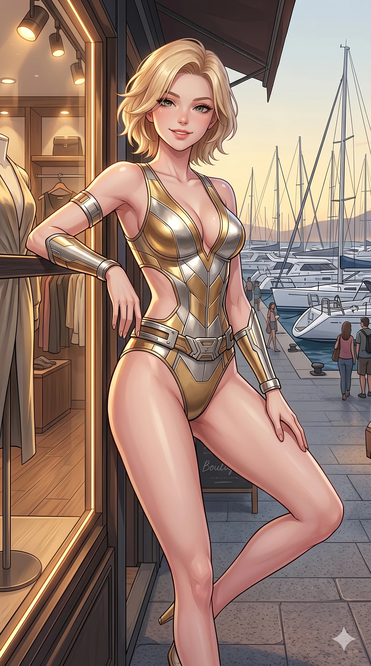 score_9, masterpiece, best quality, ultra-detailed, high-budget anime keyframe, vibrant anime aesthetic, Caucasian woman, strictly human ears. cowboy shot from the thighs up, character and outfit filling the frame for maximum presence. She is leaning against a boutique display, smiling warmly with a playful half-smile by a harbor promenade with white sailboats (Code-P20-116). She has an absolutely perfect 8-heads proportion, an exceptionally tall and slender female figure with impossibly long slender legs and an ultra-slim waist. V-shaped jawline, high-bridge nose, intricate jewel-like eyes with depth, thick eyelashes, glossy lips with a natural sheen. wearing a metallic bodysuit with exposed waist and plunging neck. She is soft golden twilight glow mixed with warm boutique lights, tracing her eyelashes. 2k, ultra detail, master piece, 9:16 ratio
