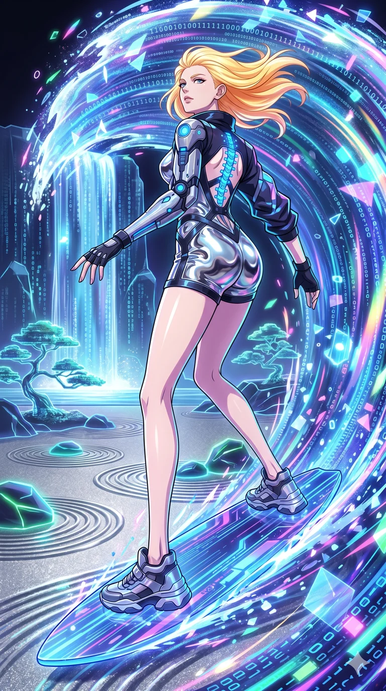 score_9, masterpiece, best quality, ultra-detailed, High-budget Anime Keyframe, vibrant colors, fluid line-art, expressive lighting, cinematic composition, Ufotable-style visual effects, top-tier animation quality, Caucasian woman with pale skin, blonde hair, and (strictly human ears). Low angle cowboy shot filling the entire 9:16 frame with her statuesque presence, looking up to emphasize her height. Surfing on a massive wave of pure data within a virtual world, the landscape changing rapidly as she speeds through. She has an absolutely perfect 8-heads proportion, an exceptionally tall and slender female figure with impossibly long slender legs and an ultra-slim waist, her statuesque height and towering silhouette dominating the vertical 9:16 frame. Her face is a masterpiece featuring a sharp v-shaped jawline, high-bridge nose, intricate jewel-like eyes with depth, thick eyelashes, and glossy lips with a natural sheen. She is wearing a Cyber-augmented streetwear featuring mechanical arm parts and a micro-shorts/harness combo crafted from Molten liquid mercury that flows and reflects the environment with metallic perfection, boasting shoulder cut-outs and a glowing spinal interface visible through the back. The scene is set in a serene Zen garden with metallic sand, glowing stones, and a holographic waterfall, illuminated by dynamic strobe effects that capture her movement in a series of sharp fragments. 2k, ultra detail, master piece, 9:16 ratio