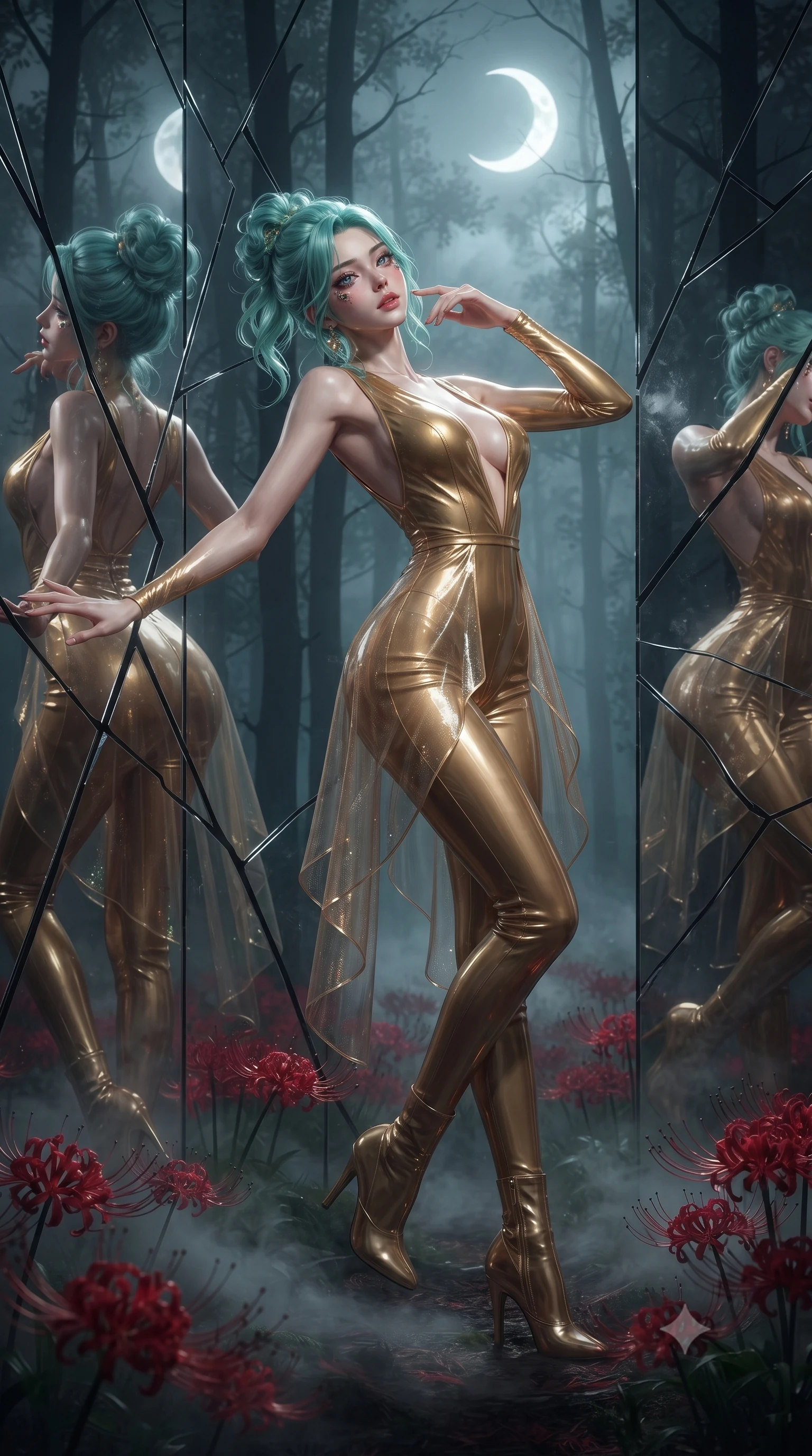 score_9, masterpiece, best quality, ultra-detailed, High-budget Anime Keyframe, editorial fashion photography, tasteful artistic composition, realistic cosplay photography, East Asian woman. Dynamic full-body shot stretching the vertical silhouette to the limit. Scenario 300: leaning back against a wall of virtual mirrors in a misty dark forest under a crescent moon with red spider lilies blooming. Her presence is magnetic and overpowering in this high-budget cinematic scene. Outfit 300: a body-hugging patent leather gold with a plunging V-neckline and translucent layers. The clothing is designed to emphasize her exceptionally tall and slender 8-heads proportion. 8-heads proportion, towering silhouette, ultra-slim waist. sharp v-shaped jawline, intricate jewel-like eyes with depth, thick eyelashes, glossy lips. ultra-reflective glossy finish, specular highlights, metallic sheen, high-contrast stereoscopic depth, volumetric dynamic lighting, 2k, ultra detail, master piece, 9:16 ratio