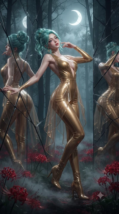 score_9, masterpiece, best quality, ultra-detailed, High-budget Anime Keyframe, editorial fashion photography, tasteful artistic composition, realistic cosplay photography, East Asian woman. Dynamic full-body shot stretching the vertical silhouette t
