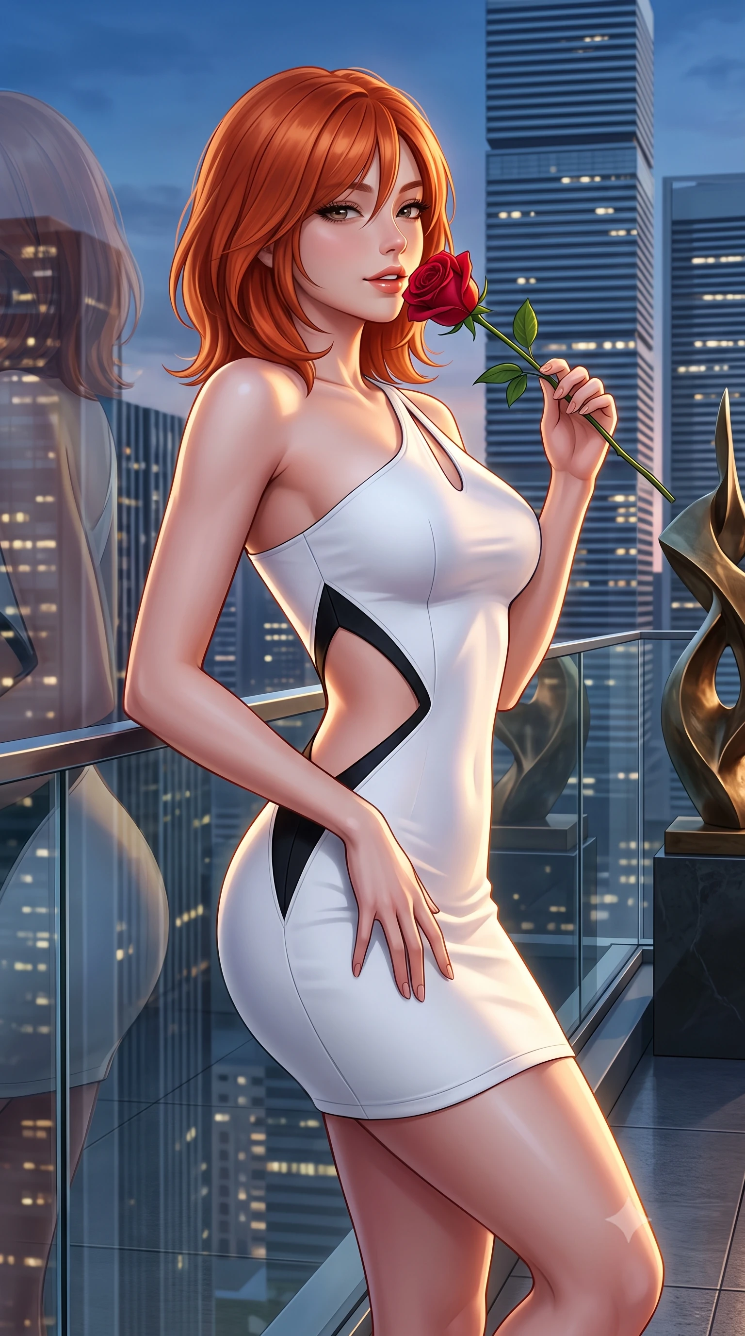 score_9, masterpiece, best quality, ultra-detailed, high-budget anime keyframe, semi-realistic 3D game render, editorial fashion photography, tasteful artistic composition, Korean woman. close-up cowboy shot from the waist and thighs up, the character dominates the composition, filling the frame with her large presence. tilting her head with a teasing half-smile, running one hand slowly down the side of her hip in a flirtatious S-curve as ambient light caresses her silhouette while leaning against the glass perimeter wall with hips cocked back, looking over a bare shoulder toward glittering modernist high-rises. The surrounding environment is rendered in vivid detail and crisp panoramic clarity: sharp bronze sculpture patina textures, glass guardrail edge bevels, and distant skyscraper architectural louvers in deep focus. She has an exceptionally elegant, slender, and willowy female figure with an ultra-slim waist, flat toned midriff, narrow ribcage, and sculpted feminine hips creating an alluring, slim hourglass silhouette without bulk. sharp v-shaped jawline, high-bridge nose, sparkling eyes with hypnotic seductive depth, thick curled eyelashes, glossy parted lips with a natural dewy peach sheen, alluring bedroom-eyes with an enchanting coquettish smile, exuding magnetic siren charisma and sophisticated glamour, flawlessly proportioned anatomical accuracy, strict slender model proportions, natural body alignment, perfectly sculpted long slender limbs, ultra-slim waistline, clean dynamic posture without body distortion. wearing an asymmetric one-shoulder white neoprene mini dress with sharp laser-cut side openings framing her spine and hips in high-contrast minimalist monochrome black and pure alabaster white, tailored from fine structural neoprene with crisp architectural edges and smooth contouring, accented with a single fresh-cut long-stemmed crimson rose held delicately near her parted lips, the glove-like clinging cut tightly following the natural contour of her hips and long slender legs with youthful 8.5-heads elegance. illuminated by glass balustrade reflections and sharp warm-gold rim lights defining her razor-sharp jawline, narrow waist, and curvy hips. highly saturated vibrant anime colors, detailed shading with soft gradients, rich glossy textures, high-contrast stereoscopic depth, volumetric dynamic lighting, master piece, 9:16 ratio