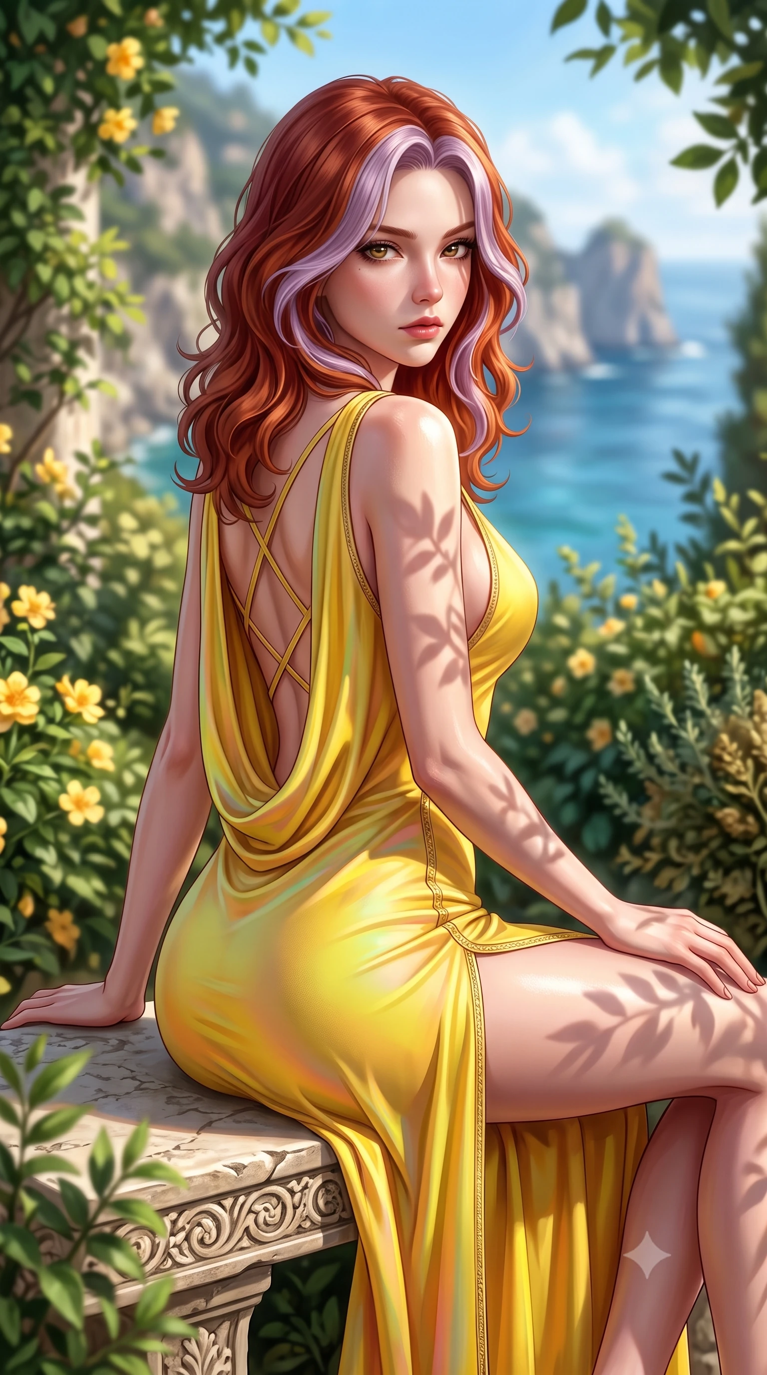 score_9, masterpiece, best quality, ultra-detailed, high-budget anime keyframe, semi-realistic 3D game render, editorial fashion photography, tasteful artistic composition, Caucasian woman. close-up cowboy shot from the waist and thighs up, the character dominates the composition, filling the frame with her large presence. gazing directly into the lens with bedroom eyes and a breathtaking, dangerous allure that commands the entire composition while resting on a carved stone bench surrounded by lush Mediterranean greenery and blooming yellow flowers. The composition keeps background elements in soft focus with creamy bokeh. distant coastal cliffs and sapphire sea waters softened in dreamy shallow depth of field. She has an exceptionally elegant, slender, and willowy female figure with an ultra-slim waist, a gracefully sculpted slender torso, toned flat midriff, and a refined slim silhouette. sharp v-shaped jawline, high-bridge nose, intricate jewel-like eyes with depth, thick eyelashes, glossy lips with a natural sheen, flawlessly proportioned anatomical accuracy, strict slender model proportions, natural body alignment, perfectly sculpted long slender limbs, ultra-slim waistline, clean dynamic posture without body distortion. wearing a precision-fitted liquid jersey bodycon dress with a dramatic draped cowl back that swoops down to her waist and a high side slit in vibrant sunburst canary yellow and gold trim, made of smooth iridescent silk chiffon that shifts colors with movement, complemented by criss-cross back straps highlighting her completely bare spine, the glove-like aerodynamic second-skin fit tightly clinging to her ultra-slender waist and athletic curves without adding bulk, accentuating her razor-sharp statuesque lines and slim hourglass silhouette. illuminated by bright sky fill light and gentle organic leaf stencil shadows on her skin. highly saturated vibrant anime colors, detailed shading with soft gradients, rich glossy textures, high-contrast stereoscopic depth, volumetric dynamic lighting, master piece, 9:16 ratio