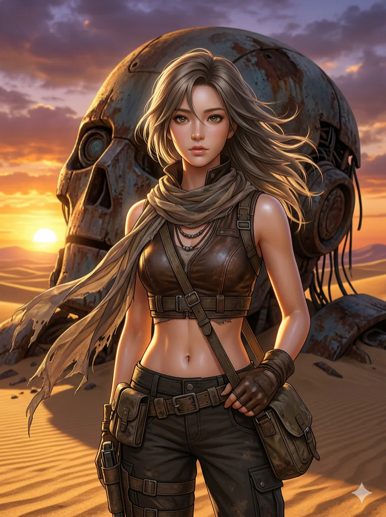 score_9, masterpiece, best quality, ultra-detailed, highend animation style, an incredibly beautiful Korean woman. Medium shot of upper body filling the frame. She is a desert wanderer in a post-apocalyptic world, standing in front of a giant rusted robot head while the sun sets. She has an absolutely perfect 8-heads proportion, an exceptionally tall female figure with a slim-fit toned body and healthy glow. Her face is a highly detailed masterpiece featuring a v-shaped jawline, high-bridge nose, intricate jewel-like eyes, thick eyelashes, and glossy lips. She has ash brown flowing hair windswept. She is wearing a tattered sheer fabric scarf and a tight-fitting leather crop top, highlighting her alluring silhouette. Golden desert sand and dramatic shadows, dramatic rim lighting, radiant glowing skin, cinematic dynamic light, 2k, ultra detail, master piece, 3:4 ratio