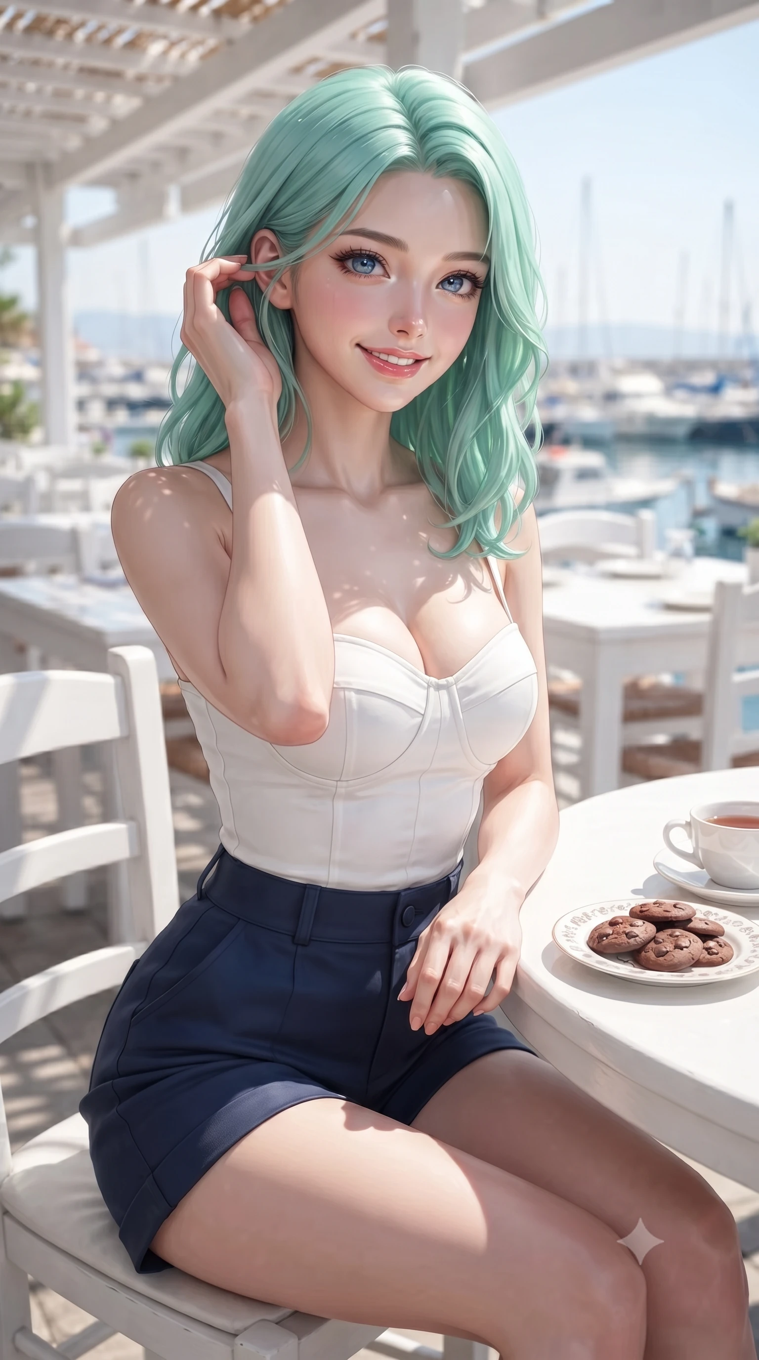 score_9, masterpiece, best quality, ultra-detailed, high-budget anime keyframe, editorial fashion photography, tasteful artistic composition, Japanese woman. close-up cowboy shot from the waist and thighs up, the character dominates the composition, filling the frame with her large presence, background elements kept in soft focus. smiling cutely while gently brushing a strand of hair behind her ear set against a soft-focus background of at a seaside restaurant veranda with white tables and views of the harbor with a cute ceramic plate of chocolate cookies and a cup of tea on the table. She has an exceptionally elegant, slender, and willowy female figure with an ultra-slim waist, a gracefully sculpted slender torso, and a refined silhouette. sharp v-shaped jawline, high-bridge nose, intricate jewel-like eyes with depth, thick eyelashes, glossy lips with a natural sheen. wearing slim-fit tailored cotton bustier top paired with high-waist tailored shorts. dappled sunlight filtering through the outdoor trellis onto her shoulders. ultra-reflective glossy finish, specular highlights, metallic sheen, high-contrast stereoscopic depth, volumetric dynamic lighting, 2k, ultra detail, master piece, 9:16 ratio