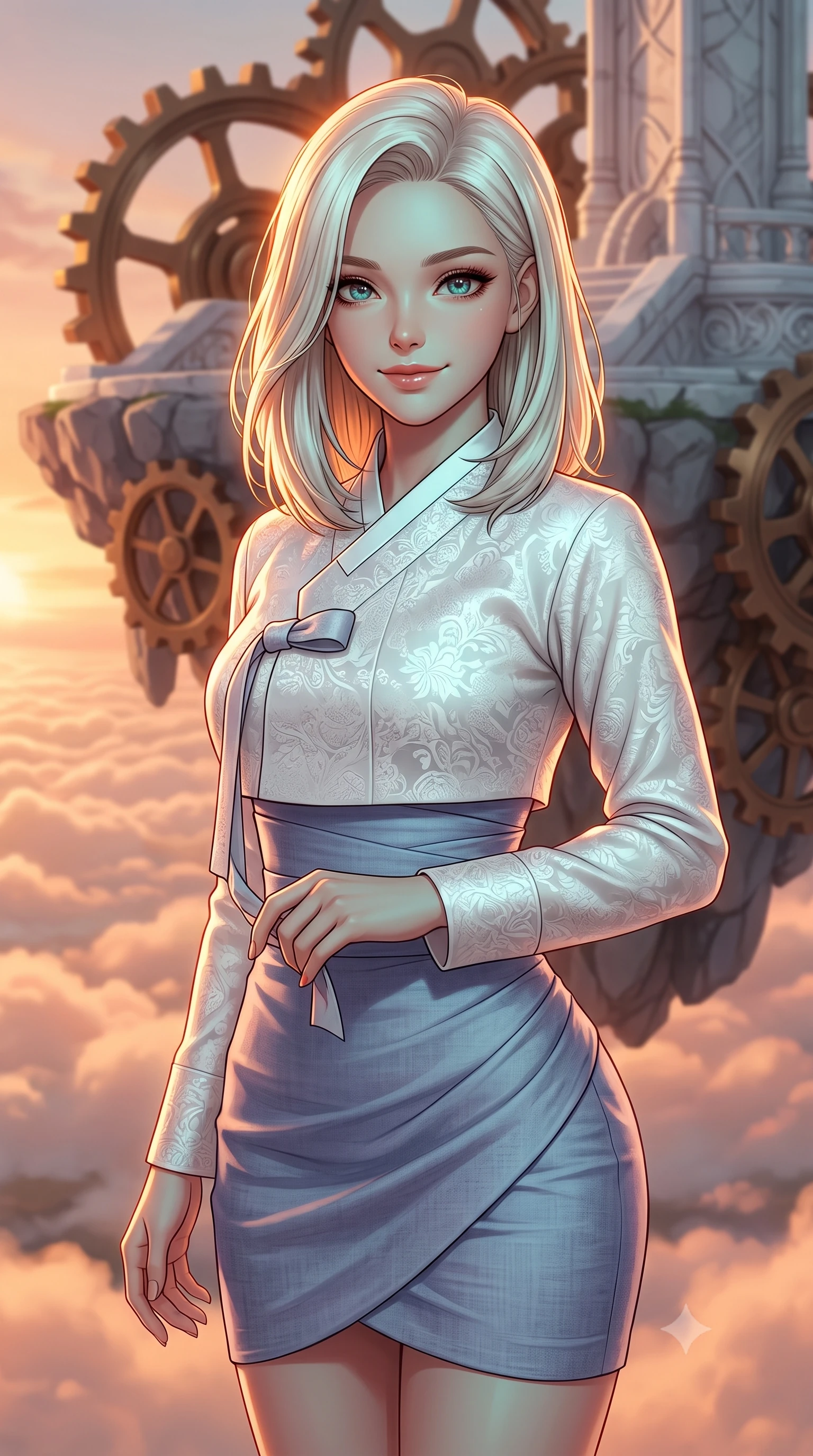 score_9, masterpiece, best quality, ultra-detailed, high-budget anime keyframe, editorial fashion photography, tasteful artistic composition, Caucasian woman, strictly human ears. close-up cowboy shot from the waist and thighs up, the character dominates the composition, filling the frame with her large presence, background elements kept in soft focus. Casting a soft, warm, affectionate smile with glowing eyes. set against a soft-focus background of on a floating stone island made of rotating bronze gears and marble structures, high above a sea of peach-colored clouds at sunset. She has an exceptionally elegant, slender, and willowy female figure with a highly-defined ultra-slim waist, a gracefully sculpted slender torso, and a refined slim-fit silhouette that contours her form. sharp v-shaped jawline, high-bridge nose, intricate jewel-like eyes with depth, thick eyelashes, glossy lips with a natural sheen. wearing a modern fusion Hanbok with a white silk cropped jeogori and a form-fitting pale indigo linen wrapped skirt. warm amber rim lighting combined with cool teal fill light creating dramatic contrast. 2k, ultra detail, master piece, 9:16 ratio