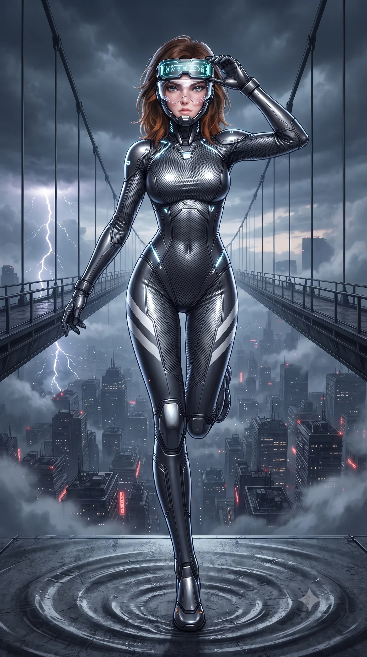 score_9, masterpiece, best quality, ultra-detailed, high-budget anime keyframe, editorial fashion photography, tasteful artistic composition, Korean woman. low angle full-body shot from head to toe showing her feet, filling the entire 9:16 vertical frame with her statuesque presence, stretching her vertical silhouette. landing gracefully from a high-altitude leap on one knee and palm, her statuesque silhouette framed by radial shockwave ripples in the ground while defending a narrow suspension skybridge 500 meters above a stormy megacity, her full-face transparent visor showing her fierce, focused expression. The surrounding environment is rendered in vivid detail and crisp panoramic clarity. vibrant high-contrast storm lighting and high-altitude bridge engineering captured with environmental precision. She has an absolutely perfect, statuesque 8.5-heads proportion, an exceptionally tall and slender model-like female figure with impossibly long slender legs, a toned flat midriff, and an ultra-slim waist. sharp v-shaped jawline, high-bridge nose, intricate jewel-like eyes with depth, thick eyelashes, glossy lips with a natural sheen, fierce and resolute heroine expression, flawlessly proportioned anatomical accuracy, strict slender model proportions, natural body alignment, perfectly sculpted long slender limbs, ultra-slim waistline, clean dynamic posture without body distortion. wearing high-tech holographic tactical goggles resting tipped up on her forehead, casting glowing neon runes across her brow without obscuring her features, paired with an ultra-sleek high-gloss carbon-composite exoskeleton suit featuring kinetic shock-absorbing shin guards and flexible limb articulation joints in storm-grey carbon mesh with high-contrast white hazard stripes, made of liquid carbon-jersey fabric accentuating every curve of her tall, slender model proportions, accented with glowing fiber-optic telemetry conduits tracing her collarbones and hip curves, the sleek second-skin cut tightly hugging her graceful clavicle, narrow waist, and feminine curves with athletic precision. surrounded by an elevated, supreme, and breathtakingly courageous high-altitude defender aura. ultra-reflective glossy finish, specular highlights, dark metallic sheen, high-contrast stereoscopic depth, volumetric dynamic lighting, 2k, ultra detail, master piece, 9:16 ratio
