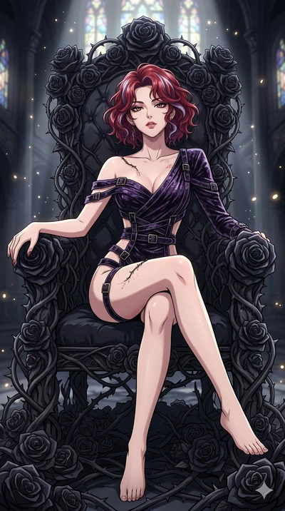 score_9, masterpiece, best quality, ultra-detailed, High-budget Anime Keyframe, East Asian woman. Dynamic full-body shot stretching the vertical silhouette to the limit. Scenario 260: Resting on a throne of black roses, thorns grazing her skin. Her p