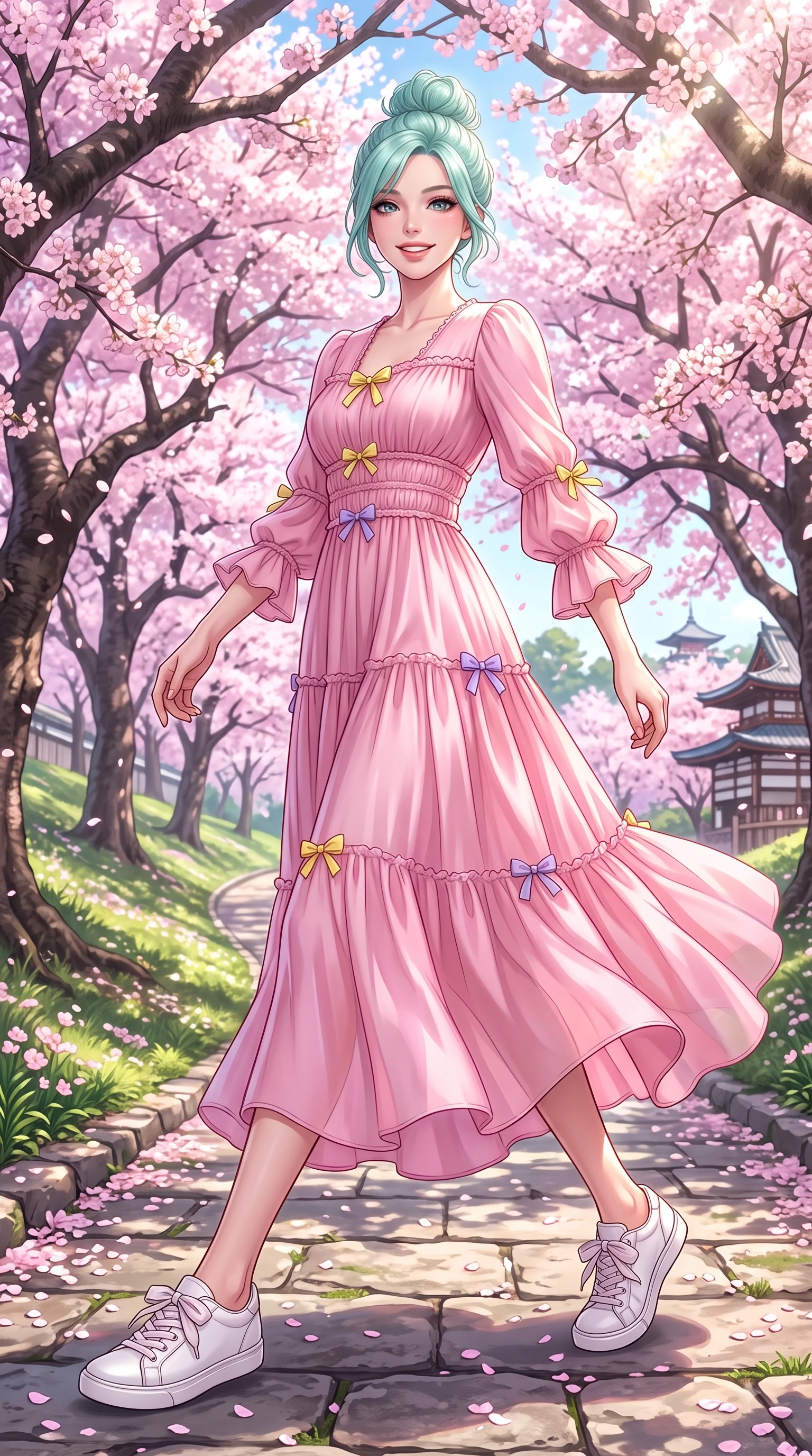 score_9, masterpiece, best quality, ultra-detailed, high-budget anime keyframe, editorial fashion photography, tasteful artistic composition, Japanese woman. low angle full-body shot from head to toe showing her feet, filling the entire 9:16 vertical frame with her statuesque presence, stretching her vertical silhouette. walking forward in a proud dynamic stride with a cheerful beaming smile, her vertical silhouette filling the frame while walking up a gentle hill path lined with blooming sakura cherry trees in full spring bloom. The surrounding environment is rendered in vivid detail and crisp panoramic clarity. vibrant spring sunlight scattering through blooming flower arches with high environmental clarity. She has an absolutely perfect, statuesque 8.5-heads proportion, an exceptionally tall and slender model-like female figure with impossibly long slender legs and an ultra-slim waist. sharp v-shaped jawline, high-bridge nose, intricate jewel-like eyes with depth, thick eyelashes, glossy lips with a natural sheen, flawlessly proportioned anatomical accuracy, natural body alignment, perfectly sculpted elegant limbs, clean dynamic posture without body distortion. wearing a romantic pink tiered chiffon maxi dress decorated with delicate bow ribbons in soft lemon yellow and lavender violet, crafted from smooth fluid silk satin, accented with soft smocked details and fluttery cuffs, the relaxed yet flattering fit accentuating her naturally graceful and slender figure. surrounded by a fresh, sweet, and nostalgic spring park atmosphere. highly saturated vibrant anime colors, detailed shading with soft gradients, rich glossy textures, high-contrast stereoscopic depth, volumetric dynamic lighting, master piece, 9:16 ratio