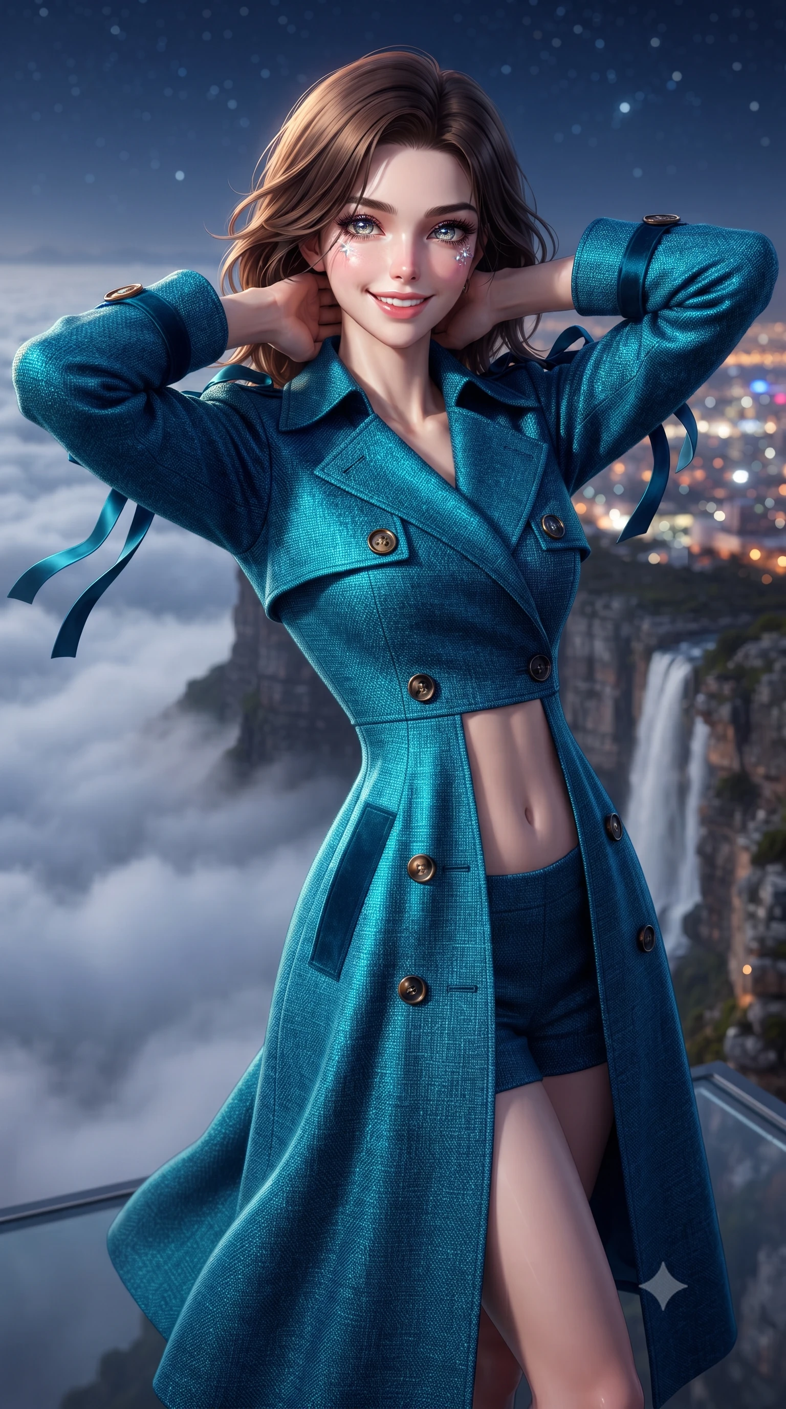 score_9, masterpiece, best quality, ultra-detailed, high-budget anime keyframe, editorial fashion photography, tasteful artistic composition, Korean woman. close-up cowboy shot from the waist and thighs up, the character dominates the composition, filling the frame with her large presence. resting both hands lightly behind her neck with elbows raised, arching her spine to highlight her narrow waist, flat midriff, and breathtaking collarbones while standing poised on the heated glass cantilever platform 1,000 meters above the city, arching her lower back as billowing white 'tablecloth' cloud mist sweeps below. The background shows a soft-focus billowing white cloud mist cascading over vertical sandstone cliffs, distant city light grid of Cape Town, blurred into silver, amber, and sapphire bokeh. She has an exceptionally elegant, slender, and willowy female figure with an ultra-slim waist, flat toned midriff, narrow ribcage, and sculpted feminine hips creating an alluring, slim hourglass silhouette without bulk. sharp v-shaped jawline, high-bridge nose, intricate jewel-like sparkling eyes with depth, thick eyelashes, glossy parted lips with a natural peach sheen, bright cheerful beaming smile with an enchanting and coquettish sensual glint, exuding both youthful cute charm and seductive allure, flawlessly proportioned anatomical accuracy, strict slender model proportions, natural body alignment, perfectly sculpted long slender limbs, ultra-slim waistline, clean dynamic posture without body distortion. wearing a structured Cape Town coastal linen-tweed trench coat with tortoise buttons and storm flaps in Maldivian bioluminescent electric cyan and midnight indigo, tailored from ultra-plush silk velvet with rich tactile depth and deep shadow gradients, finished with satin ribbon ties at the shoulders fluttering in the gentle breeze, the bespoke structured tailoring following the natural line of her 8.5-heads silhouette with refined elegance. bathed in warm 2300K indoor hearth firelight contrasted with cool 6000K midnight cloud mist and starlight through glass. ultra-reflective glossy finish, specular highlights, rich textural contrasts, high-contrast stereoscopic depth, volumetric dynamic lighting, 2k, ultra detail, master piece, 9:16 ratio