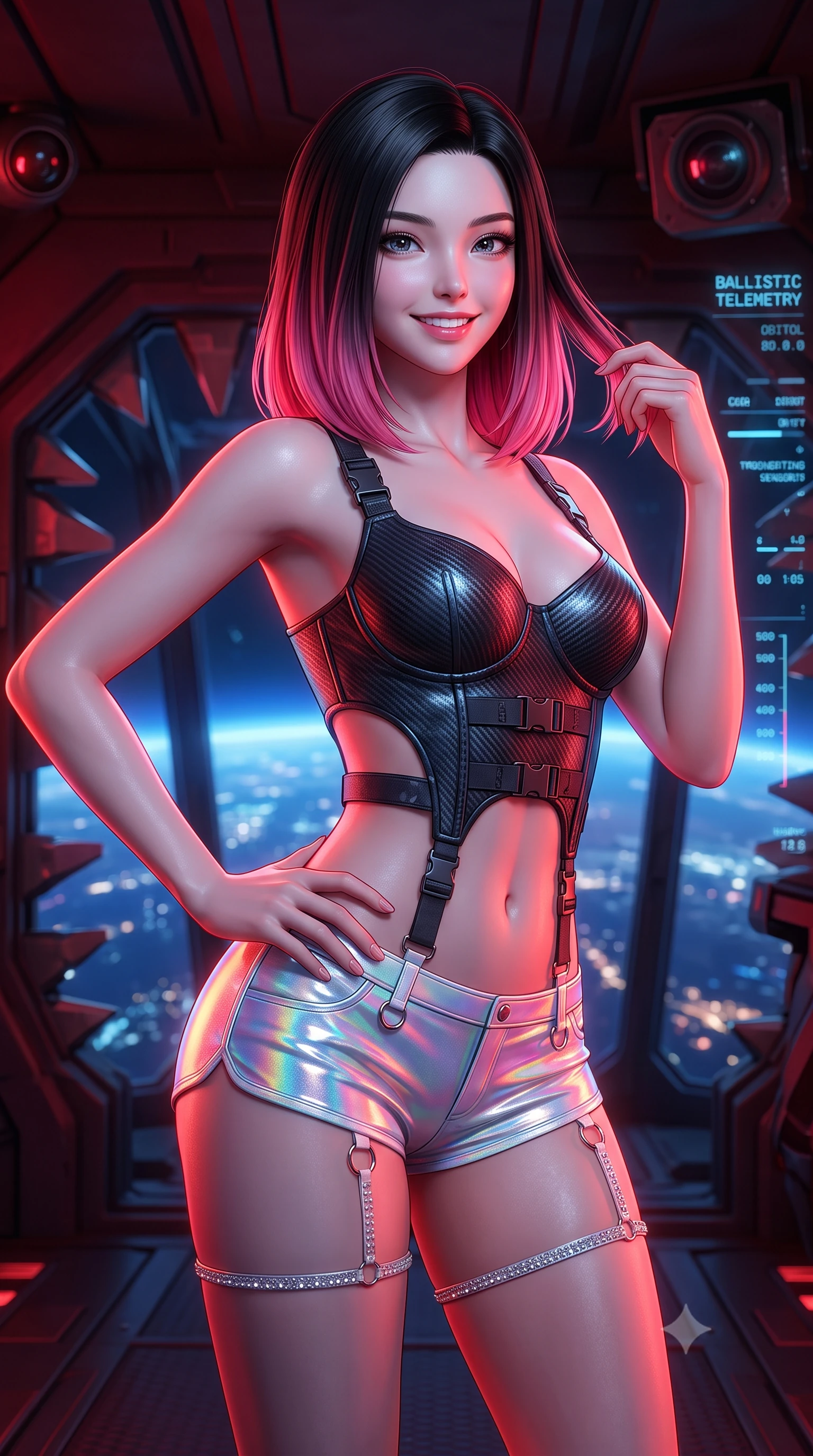 score_9, masterpiece, best quality, ultra-detailed, high-budget anime keyframe, semi-realistic 3D game render, editorial fashion photography, tasteful artistic composition, Korean woman. close-up cowboy shot from the waist and thighs up, the character dominates the composition, filling the frame with her large presence. twisting her slender torso in an alluring contrapposto stance, one hand resting on her sculpted hip while her fingers toy with her hair with effortless poise while twisting her slender torso in an alluring S-curve, deep crimson battle-stations strobes and planetary city lights criss-crossing across her flat midriff and hourglass curves. The surrounding environment is rendered in vivid detail and crisp panoramic clarity: sharp armored blast door teeth, optical targeting sensor lenses, and digital ballistic telemetry readouts in deep focus. She has an exceptionally elegant, slender, and willowy female figure with an ultra-slim waist, flat toned midriff, narrow ribcage, and sculpted feminine hips creating an alluring, slim hourglass silhouette without bulk. sharp v-shaped jawline, high-bridge nose, intricate jewel-like sparkling eyes with depth, thick eyelashes, glossy parted lips with a natural peach sheen, bright cheerful beaming smile with an enchanting and coquettish sensual glint, exuding both youthful cute charm and seductive allure, flawlessly proportioned anatomical accuracy, strict slender model proportions, natural body alignment, perfectly sculpted long slender limbs, ultra-slim waistline, clean dynamic posture without body distortion. wearing a sculpted carbon-fiber underwire crop corset with tactical buckle straps paired with low-rise micro shorts in solar-sail rainbow diffraction and titanium white, adorned with delicate chrome ring hardware and cutouts along her slender waist, finished with delicate crystal-encrusted thigh garter straps glinting in the dim light, the form-contouring silhouette accentuating her sculpted flat midriff, narrow delicate ribcage, and gracefully curvy hips with intoxicating allure. bathed in moody 660nm deep crimson battle stations lighting mixed with cool blue planetary city-light radiance. highly saturated vibrant anime colors, detailed shading with soft gradients, rich glossy textures, high-contrast stereoscopic depth, volumetric dynamic lighting, master piece, 9:16 ratio