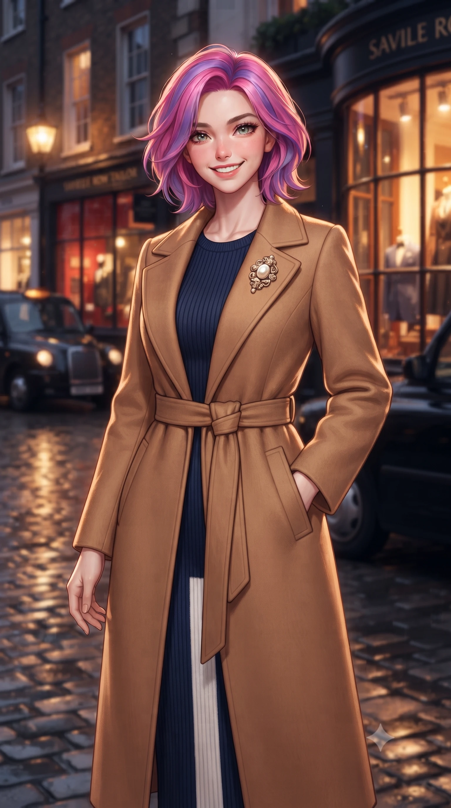 score_9, masterpiece, best quality, ultra-detailed, high-budget anime keyframe, editorial fashion photography, tasteful artistic composition, Caucasian woman. close-up cowboy shot from the waist and thighs up, the character dominates the composition, filling the frame with her large presence. standing poised with one hand slipped into her tailored trouser pocket, head tilted in a friendly, engaging expression while pausing in front of the warm bay window of a heritage Savile Row tailor shop, one hand slipped gracefully into her tailored coat pocket. The background shows a soft-focus glowing gas lanterns reflecting on wet cobblestones, classic black cabs driving past, and warm storefront displays blurred into amber, charcoal, and ruby bokeh. She has an exceptionally elegant, slender, and willowy female figure with an ultra-slim waist, flat toned midriff, narrow ribcage, and sculpted feminine hips creating an alluring, slim hourglass silhouette without bulk. sharp v-shaped jawline, high-bridge nose, intricate jewel-like sparkling eyes with depth, thick eyelashes, glossy parted lips with a natural peach sheen, bright cheerful beaming smile with an enchanting and coquettish sensual glint, exuding both youthful cute charm and seductive allure, flawlessly proportioned anatomical accuracy, strict slender model proportions, natural body alignment, perfectly sculpted long slender limbs, ultra-slim waistline, clean dynamic posture without body distortion. wearing a tailored belted cashmere wrap coat in warm camel layered over a fine ribbed knit midi dress in French navy blue and crisp alabaster white, woven from plush alpaca yarn with a cloud-like fuzzy texture and soft halo, complemented by an antique baroque pearl brooch pinned tastefully on the lapel, the bespoke architectural tailoring hugging her natural waistline with sartorial precision, creating a clean graceful hourglass silhouette with tall model elegance. illuminated by wet pavement specular reflections and crisp silver-amber rim lights accentuating her tall slender frame and cheekbones. ultra-reflective glossy finish, specular highlights, rich textural contrasts, high-contrast stereoscopic depth, volumetric dynamic lighting, 2k, ultra detail, master piece, 9:16 ratio
