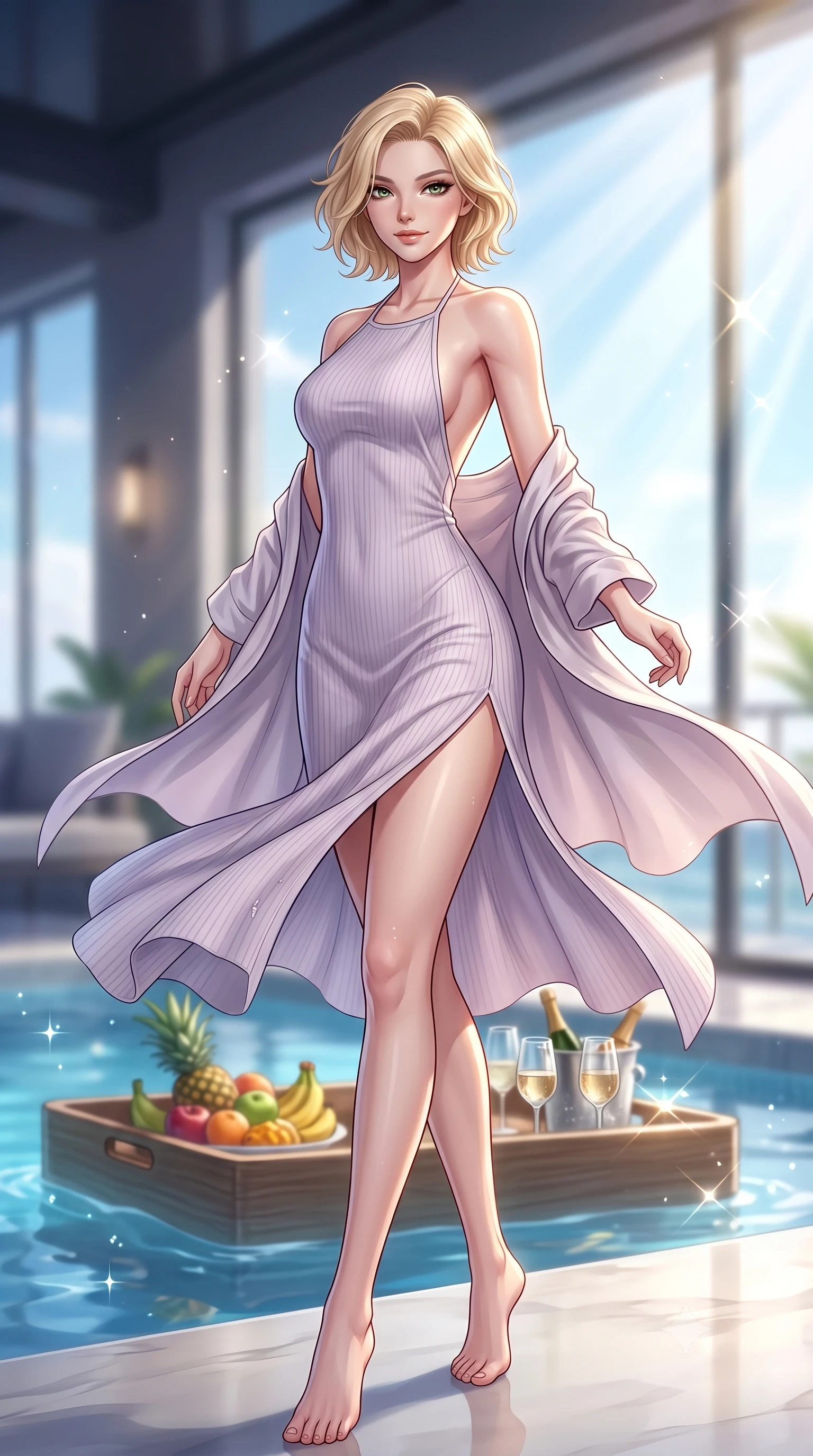 score_9, masterpiece, best quality, ultra-detailed, high-budget anime keyframe, editorial fashion photography, tasteful artistic composition, Caucasian woman. low angle full-body shot from head to toe showing her feet, filling the entire 9:16 vertical frame with her statuesque presence, stretching her vertical silhouette. twirling slowly with a sensual half-smile, letting her silky robe billow gently to reveal her elegant leg line set against a soft-focus background of inside an exclusive cocktail lounge with a floating pool tray of tropical fruits and chilled wine in soft focus. She has an absolutely perfect, statuesque 8.5-heads proportion, an exceptionally tall and slender model-like female figure with impossibly long slender legs and an ultra-slim waist. sharp v-shaped jawline, high-bridge nose, intricate jewel-like eyes with depth, thick eyelashes, glossy lips with a natural sheen. wearing tailored pale lavender ribbed cashmere backless linen halter dress featuring delicate straps and a draped open-back design featuring refined tailored seams. lit by crisp morning sun rays creating sparkling glints on polished glass and water. highly saturated vibrant anime colors, detailed shading with soft gradients, rich glossy textures, high-contrast stereoscopic depth, volumetric dynamic lighting, master piece, 9:16 ratio