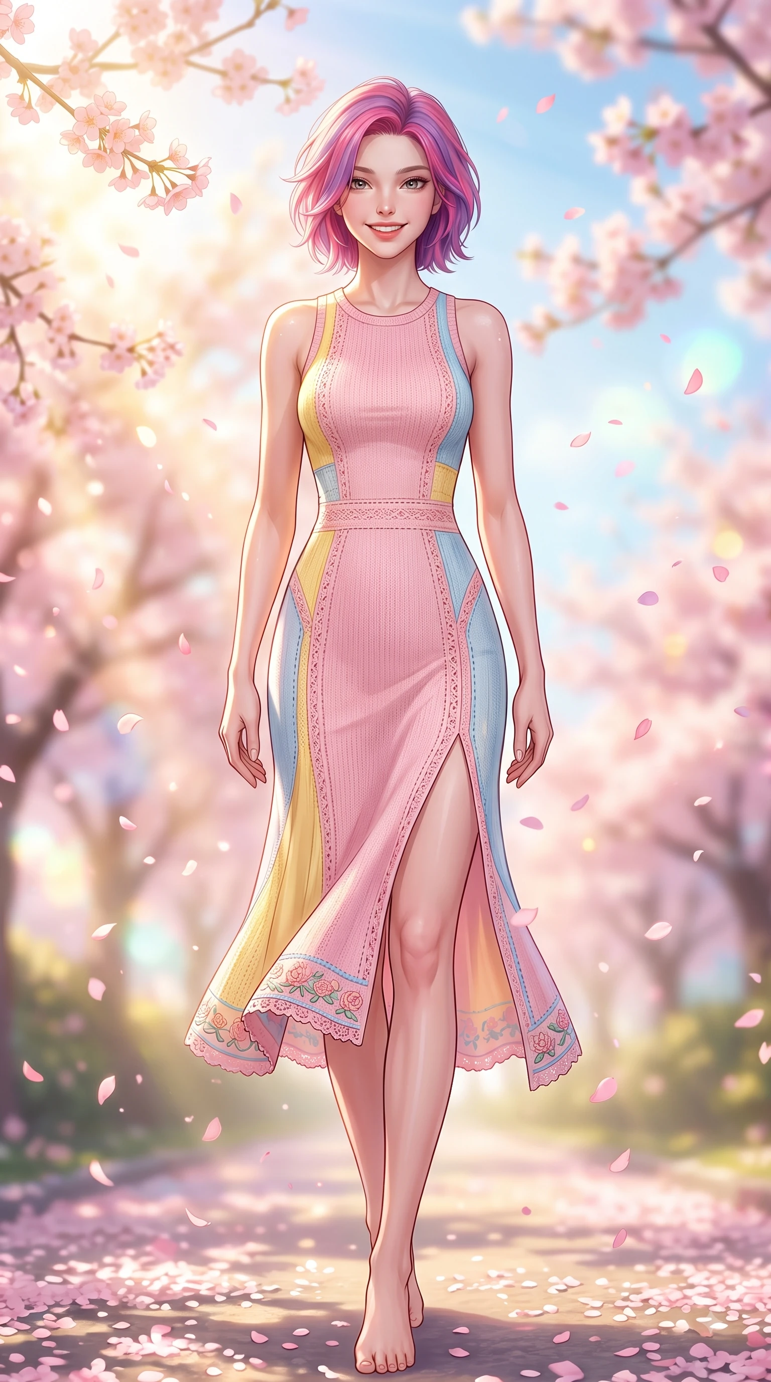 score_9, masterpiece, best quality, ultra-detailed, high-budget anime keyframe, editorial fashion photography, tasteful artistic composition, Caucasian woman. low angle full-body shot from head to toe showing her feet, filling the entire 9:16 vertical frame with her statuesque presence, stretching her vertical silhouette. walking forward in a proud dynamic stride with a cheerful beaming smile, her vertical silhouette filling the frame while pivoting dynamically with a beaming smile as delicate pink cherry blossom petals shower around her. The composition keeps background elements in soft focus with dreamy bokeh. pastel spring sky refractions and flower branches blurred in smooth creamy depth. She has an absolutely perfect, statuesque 8.5-heads proportion, an exceptionally tall and slender model-like female figure with impossibly long slender legs and an ultra-slim waist. sharp v-shaped jawline, high-bridge nose, intricate jewel-like eyes with depth, thick eyelashes, glossy lips with a natural sheen, flawlessly proportioned anatomical accuracy, natural body alignment, perfectly sculpted elegant limbs, clean dynamic posture without body distortion. wearing a form-flattering pastel pink sleeveless knit midi dress with a tasteful side slit in sunny daffodil yellow and clear sky blue, woven with delicate eyelet lace and soft cotton, complemented by delicate embroidered floral trim along the hem, the tailored casual silhouette highlighting her fresh and youthful presence. bathed in bright morning sunbeams and warm golden sakura backlighting. highly saturated vibrant anime colors, detailed shading with soft gradients, rich glossy textures, high-contrast stereoscopic depth, volumetric dynamic lighting, master piece, 9:16 ratio