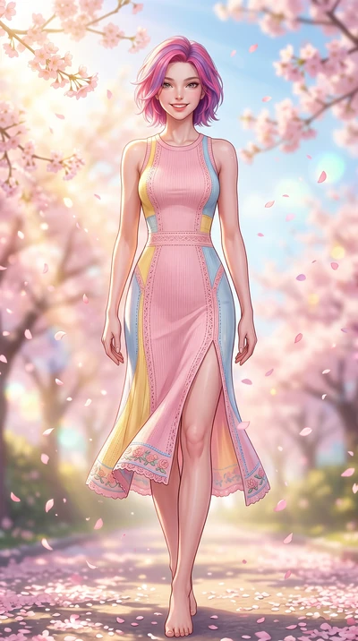 score_9, masterpiece, best quality, ultra-detailed, high-budget anime keyframe, editorial fashion photography, tasteful artistic composition, Caucasian woman. low angle full-body shot from head to toe showing her feet, filling the entire 9:16 vertica