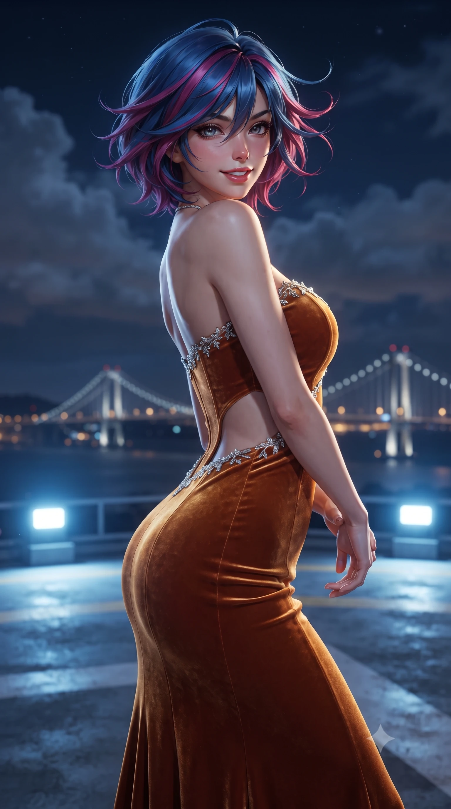 score_9, masterpiece, best quality, ultra-detailed, high-budget anime keyframe, editorial fashion photography, tasteful artistic composition, Korean woman. close-up cowboy shot from the waist and thighs up, the character dominates the composition, filling the frame with her large presence. turning over a bare shoulder with an intoxicating, teasing smile, her soft hair framing her sharp jawline as her hips angle gracefully while standing poised at the center of the rooftop helipad facing the gale-force night wind, arching her spine in pure exhilaration as her dress flutters violently. The composition keeps background elements in soft focus with creamy bokeh. passing low storm clouds and distant suspension bridge lights softened in dramatic atmospheric depth. She has an exceptionally elegant, slender, and willowy female figure with an ultra-slim waist, flat toned midriff, narrow ribcage, and sculpted feminine hips creating an alluring, slim hourglass silhouette without bulk. sharp v-shaped jawline, high-bridge nose, intricate jewel-like eyes with depth, thick eyelashes, glossy parted lips with a natural sheen, intensely captivating and seductive bedroom-eyes expression, flawlessly proportioned anatomical accuracy, strict slender model proportions, natural body alignment, perfectly sculpted long slender limbs, ultra-slim waistline, clean dynamic posture without body distortion. wearing a deep sweetheart neckline crushed velvet corseted ballgown with an exposed midriff cutout in molten desert gold and burnt terracotta, tailored from liquid silk jersey adhering flawlessly to her slender build, finished with delicate crystal frost embroidery tracing the plunging neckline, the form-contouring material adhering flawlessly to her sculpted flat midriff and slender torso, emphasizing her long leg lines and perfectly proportioned willowy build. bathed in cool blue helipad floodlights and ambient golden metropolis glow from below. ultra-reflective glossy finish, specular highlights, rich textural contrasts, high-contrast stereoscopic depth, volumetric dynamic lighting, 2k, ultra detail, master piece, 9:16 ratio