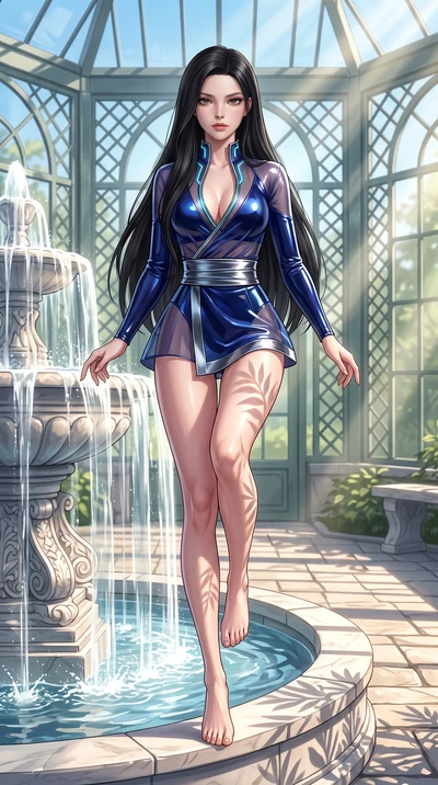 score_9, masterpiece, best quality, ultra-detailed, high-budget anime keyframe, semi-realistic 3D game render, editorial fashion photography, tasteful artistic composition, Korean woman. low angle full-body shot from head to toe showing her feet, fil