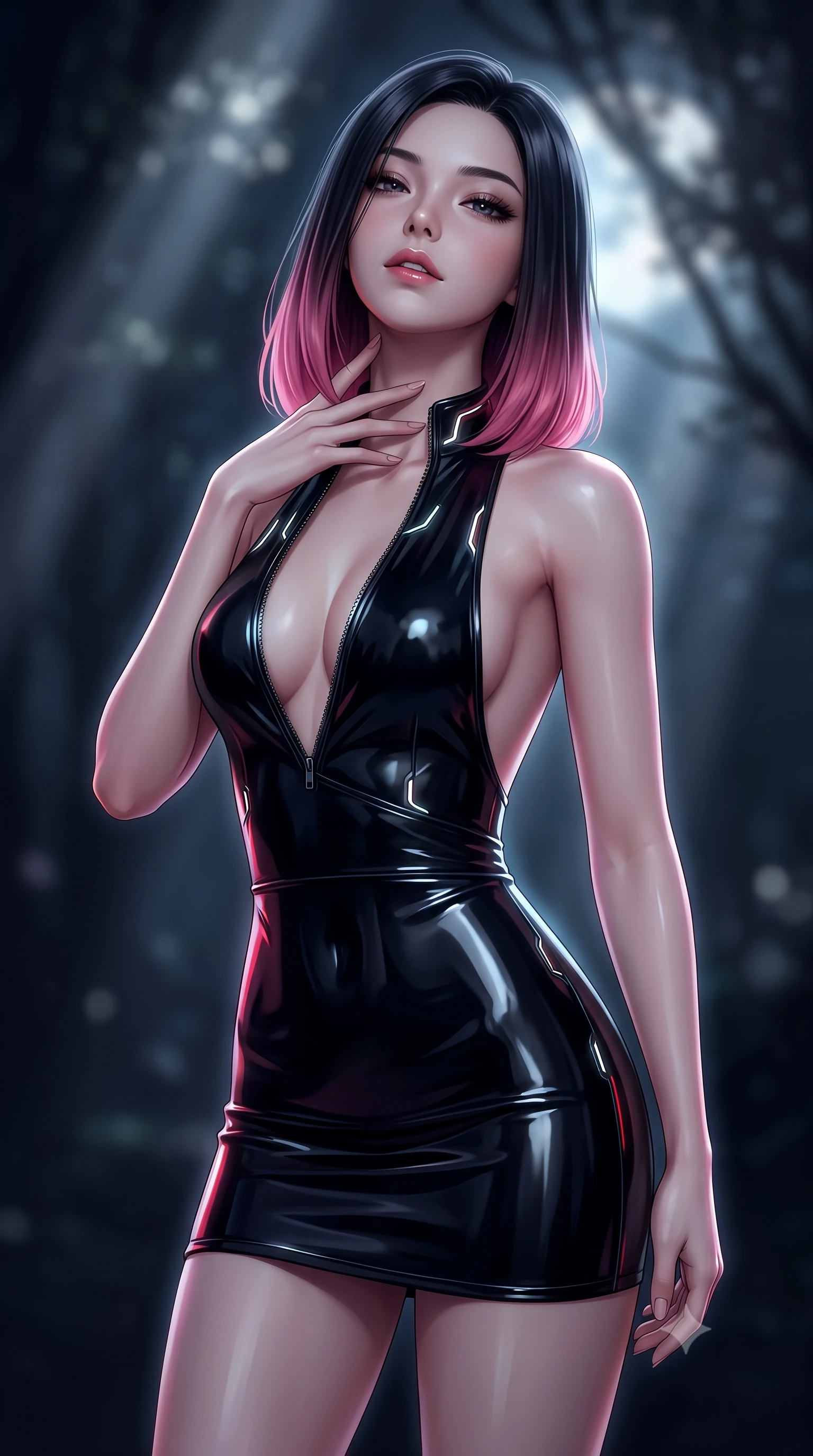 score_9, masterpiece, best quality, ultra-detailed, high-budget anime keyframe, semi-realistic 3D game render, editorial fashion photography, tasteful artistic composition, Korean woman. close-up cowboy shot from the waist and thighs up, the character dominates the composition, filling the frame with her large presence. tilting her head back with a sensual alluring expression, exposing her throat and shoulders to the camera with heavy lashes and softly parted glossy lips while biting her lower lip with a dangerous, tempting smolder while resting her fingers lightly against her throat with a seductive, haunting half-smile looking into the camera lens. The composition keeps background elements in soft focus with creamy bokeh. pale moonlight filtering through tree branches creating soft, luminous light streaks across a dark backdrop. She has an exceptionally elegant, slender, and willowy female figure with an ultra-slim waist, a gracefully sculpted slender torso, toned flat midriff, and a refined slim silhouette. sharp v-shaped jawline, high-bridge nose, intricate jewel-like eyes with depth, thick eyelashes, glossy lips with a natural sheen, flawlessly proportioned anatomical accuracy, strict slender model proportions, natural body alignment, perfectly sculpted long slender limbs, ultra-slim waistline, clean dynamic posture without body distortion. wearing a second-skin midnight black latex mini dress with a dramatic open-back design wrapping around her waist and a plunging neckline in shadowy asphalt black and subtle neon red edges, crafted from ultra-reflective second-skin latex with a high-gloss glass-like polish, featuring a dangerously unzipped neckline framed by subtle glowing cybernetic accents, the sleek second-skin cut tightly hugging her graceful clavicle, narrow waist, and feminine curves with athletic precision. surrounded by a haunting, ethereal, and irresistibly seductive nocturnal siren aura. rich saturated anime colors with deep moody shadows, detailed chiaroscuro shading with soft gradients, rich glossy textures, high-contrast stereoscopic depth, volumetric dynamic shadow lighting, master piece, 9:16 ratio