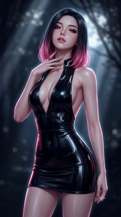 score_9, masterpiece, best quality, ultra-detailed, high-budget anime keyframe, semi-realistic 3D game render, editorial fashion photography, tasteful artistic composition, Korean woman. close-up cowboy shot from the waist and thighs up, the characte