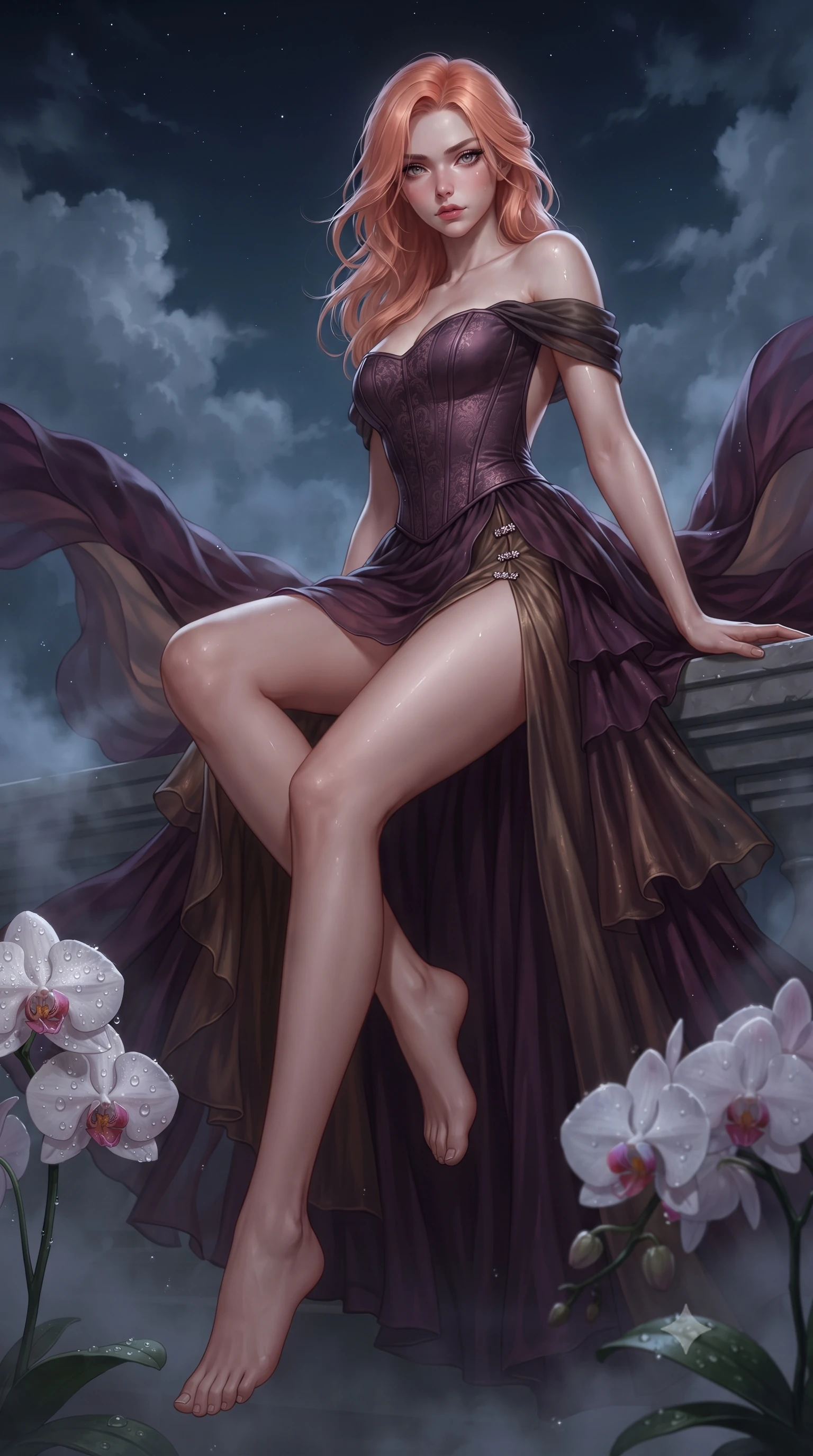 score_9, masterpiece, best quality, ultra-detailed, high-budget anime keyframe, editorial fashion photography, tasteful artistic composition, Japanese woman. low angle full-body shot from head to toe showing her feet, filling the entire 9:16 vertical frame with her statuesque presence, stretching her vertical silhouette. sitting perched on the elevated edge with hips angled toward the camera and legs crossed, displaying her toned midriff and flawlessly sculpted slender limbs while pivoting dynamically on the mist-drenched terrace, night winds whipping her silk drapery to emphasize her tall statuesque proportions. The surrounding environment is rendered in vivid detail and crisp panoramic clarity. detailed high-tech fabric sheen, water droplet beads on orchids, and cloud texture clarity in high resolution. She has an exceptionally tall and slender model-like 8.5-heads proportion, an ultra-slim waist, a flat toned midriff, narrow delicate ribcage, and beautifully sculpted feminine hips creating a graceful, slim hourglass silhouette without any bulky heaviness, with impossibly long slender legs. sharp v-shaped jawline, high-bridge nose, intricate jewel-like eyes with depth, thick eyelashes, glossy parted lips with a natural sheen, intensely captivating and seductive bedroom-eyes expression, flawlessly proportioned anatomical accuracy, strict slender model proportions, natural body alignment, perfectly sculpted long slender limbs, ultra-slim waistline, clean dynamic posture without body distortion. wearing an off-shoulder French court corset bodice dress paired with a tiered translucent chiffon slit skirt in deep plum violet and antique bronze, made of fluid silk crepe with delicate inner corsetry boning, finished with an ultra-high side slit secured by miniature jeweled clasps, the dramatically scooped open back descending to the base of her spine, accentuating her razor-sharp statuesque lines and slim hourglass silhouette. illuminated by wet specular highlights accentuating her slender neckline, sculpted waist, and rounded hips. ultra-reflective glossy finish, specular highlights, rich textural contrasts, high-contrast stereoscopic depth, volumetric dynamic lighting, 2k, ultra detail, master piece, 9:16 ratio