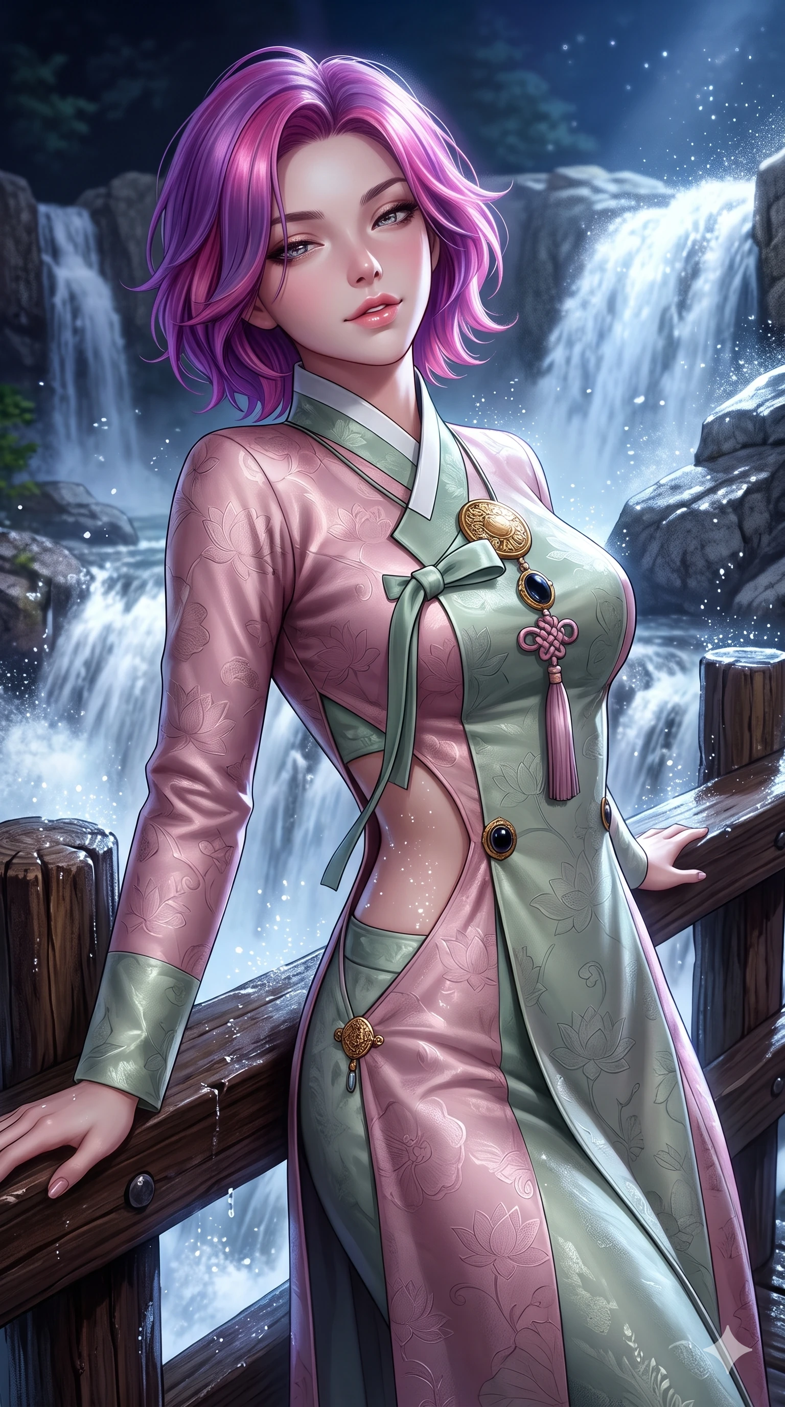 score_9, masterpiece, best quality, ultra-detailed, high-budget anime keyframe, semi-realistic 3D game render, editorial fashion photography, tasteful artistic composition, Caucasian woman. close-up cowboy shot from the waist and thighs up, the character dominates the composition, filling the frame with her large presence. leaning back against the balustrade with relaxed seductive grace, head tilted back slightly while casting a hypnotic, heavy-lidded gaze while twisting her slender torso in an alluring contrapposto stance, waterfall spray droplets and moonbeams glistening across her flat midriff. The surrounding environment is rendered in vivid detail and crisp panoramic clarity: sharp falling water spray droplets, wet granite rock texture, and rustic pine post bark in deep focus. She has an exceptionally elegant, slender, and willowy female figure with an ultra-slim waist, flat toned midriff, narrow ribcage, and sculpted feminine hips creating an alluring, slim hourglass silhouette without bulk. sharp v-shaped jawline, high-bridge nose, sparkling eyes with hypnotic seductive depth, thick curled eyelashes, glossy parted lips with a natural dewy peach sheen, alluring bedroom-eyes with an enchanting coquettish smile, exuding magnetic siren charisma and sophisticated glamour, flawlessly proportioned anatomical accuracy, strict slender model proportions, natural body alignment, perfectly sculpted long slender limbs, ultra-slim waistline, clean dynamic posture without body distortion. wearing a bespoke high-neck modernized hanbok coat dress with an architectural collar and silk norigae knot tie in soft lotus rose and morning dew sage green, tailored from rich silk jacquard with subtle embossed lotus blossom patterns, accented with an authentic engraved gold medallion and obsidian cabochons, the impeccably tailored cut draping gracefully along her slender figure with aristocratic eastern poise. bathed in luminous moonlight reflecting off roaring white water cascades and misty spray. highly saturated vibrant anime colors, detailed shading with soft gradients, rich glossy textures, high-contrast stereoscopic depth, volumetric dynamic lighting, master piece, 9:16 ratio