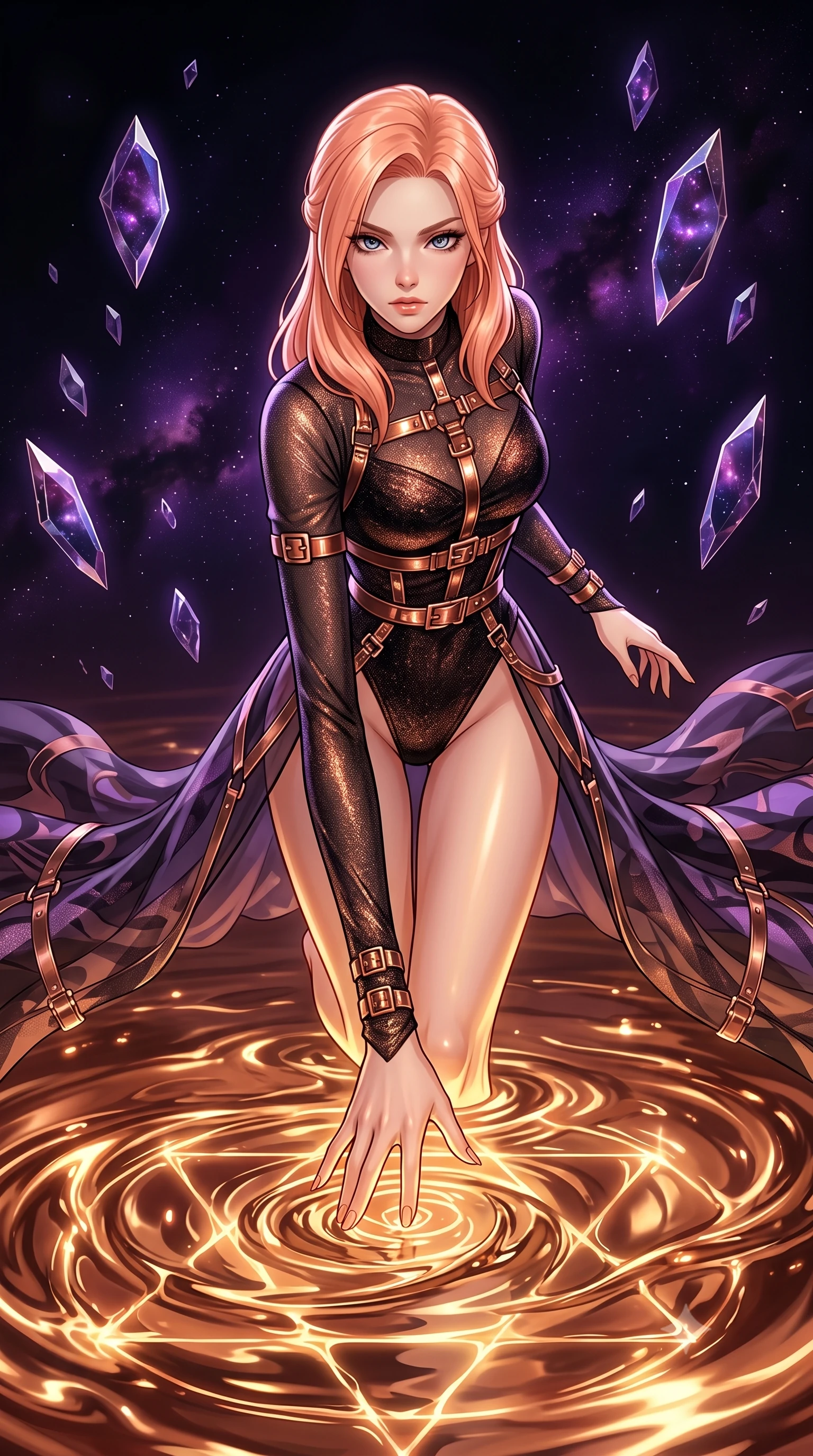 score_9, masterpiece, best quality, ultra-detailed, High-budget Anime Keyframe, East Asian woman. Dynamic full-body shot stretching the vertical silhouette to the limit. Scenario 370: tracing geometric patterns in a pool of warm liquid copper inside a dark void filled with floating crystal shards reflecting purple nebulae. Her presence is magnetic and overpowering in this high-budget anime scene. Outfit 370: a slim-fit shimmering chiffon long with a high-cut leg line and metallic buckles. The clothing is designed to emphasize her exceptionally tall and slender 8-heads proportion. 8-heads proportion, towering silhouette, ultra-slim waist. sharp v-shaped jawline, intricate jewel-like eyes with depth, thick eyelashes, glossy lips. 2k, ultra detail, master piece, 9:16 ratio