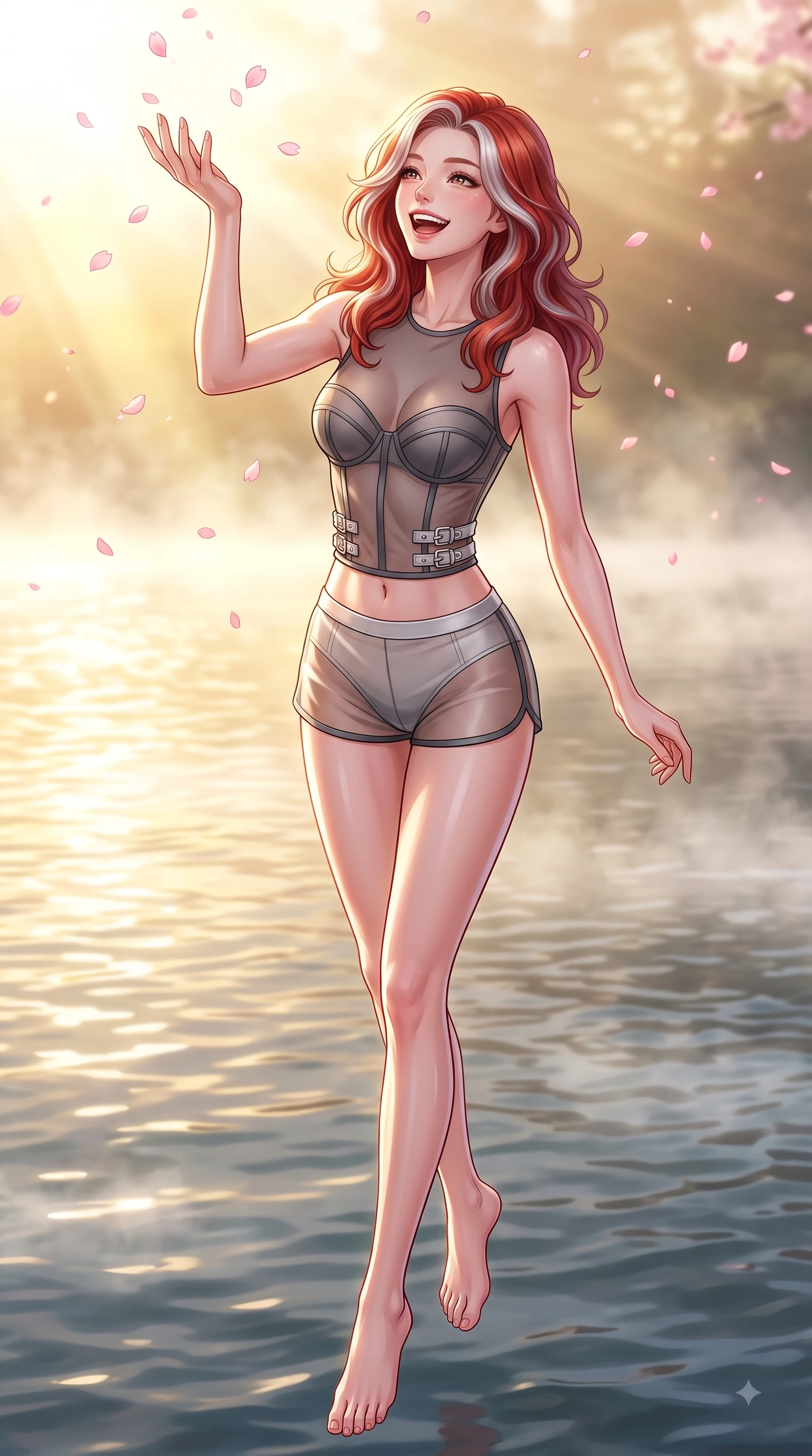 score_9, masterpiece, best quality, ultra-detailed, high-budget anime keyframe, editorial fashion photography, tasteful artistic composition, Caucasian woman. low angle full-body shot from head to toe showing her feet, filling the entire 9:16 vertical frame with her statuesque presence, stretching her vertical silhouette. pivoting dynamically in zero-gravity with a delighted laughing expression, displaying her perfect model proportions while reaching her hand up playfully to catch falling pink cherry blossom petals in a spring breeze, morning mist floating gently over the water surface, capturing bright golden light. She has an absolutely perfect, statuesque 8.5-heads proportion, an exceptionally tall and slender model-like female figure with impossibly long slender legs and an ultra-slim waist. sharp v-shaped jawline, high-bridge nose, intricate jewel-like eyes with depth, thick eyelashes, glossy lips with a natural sheen, flawlessly proportioned anatomical accuracy, natural body alignment, perfectly sculpted elegant limbs, clean dynamic posture without body distortion. wearing a delicate see-through mesh top with structured cup boning and micro-shorts in charcoal grey and platinum, woven from fine semi-opaque sheer organza, detailed with polished silver buckles along the waistline, the tailored fabric tightly following every curve of her athletic build. bathed in bright morning sunbeams and warm golden sakura backlighting. highly saturated vibrant anime colors, detailed shading with soft gradients, rich glossy textures, high-contrast stereoscopic depth, volumetric dynamic lighting, master piece, 9:16 ratio