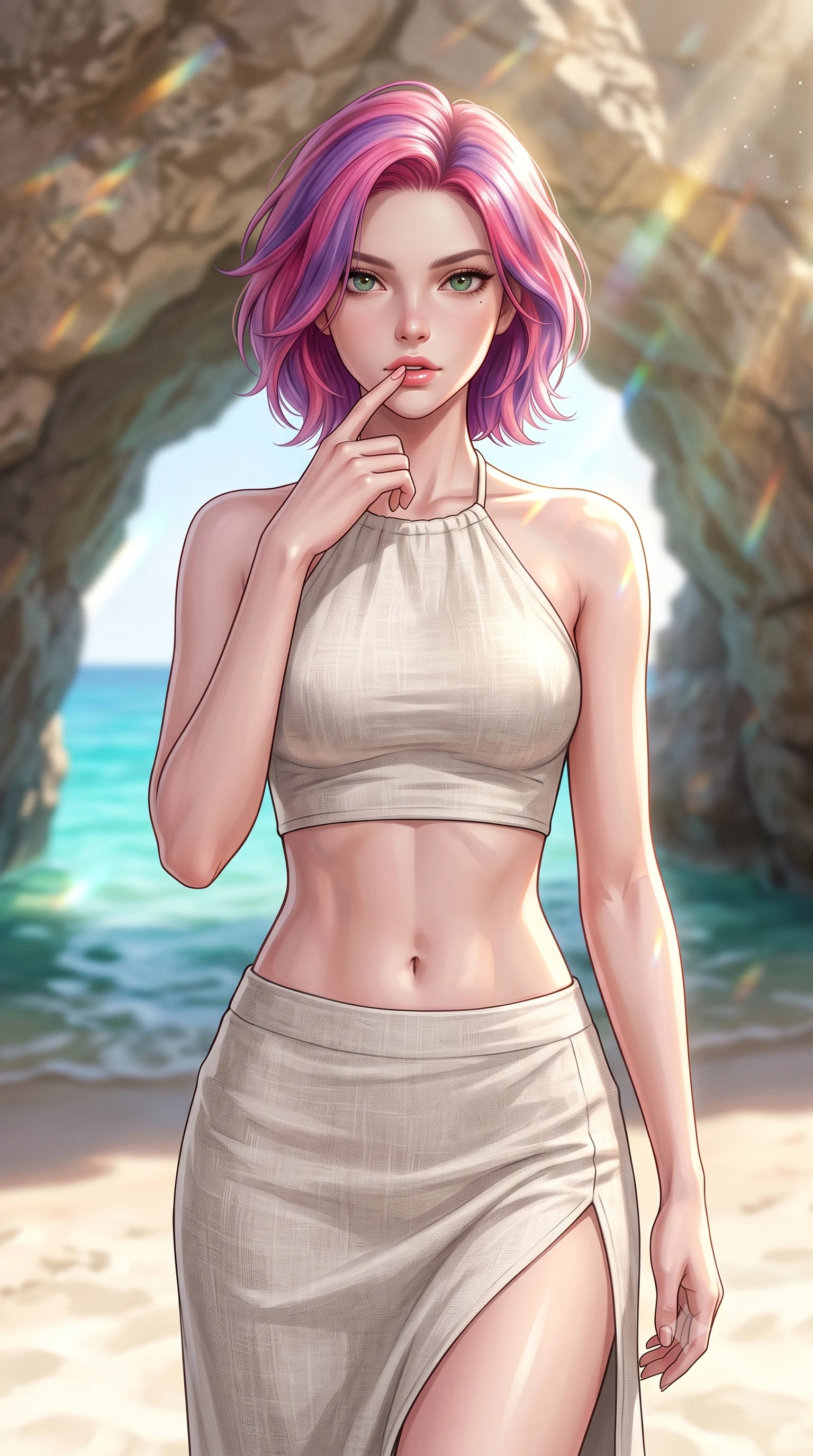score_9, masterpiece, best quality, ultra-detailed, high-budget anime keyframe, editorial fashion photography, tasteful artistic composition, Caucasian woman woman. close-up cowboy shot from the waist and thighs up, the character dominates the composition, filling the frame with her large presence, background elements kept in soft focus. pressing one finger to her bottom lip in a thoughtful, seductive gesture under the warm sun the background shows a soft-focus a natural stone arch on the beach with turquoise water visible through the opening. She has an exceptionally elegant, slender, and willowy female figure with an ultra-slim waist, a gracefully sculpted slender torso, and a refined silhouette. sharp v-shaped jawline, high-bridge nose, intricate jewel-like eyes with depth, thick eyelashes, glossy lips with a natural sheen. wearing a tailored linen halter-neck crop top paired with a matching high-slit midi skirt, revealing a sculpted midriff. sunlight reflecting off the water surface onto the rock ceiling and her outline. 2k, ultra detail, master piece, 9:16 ratio