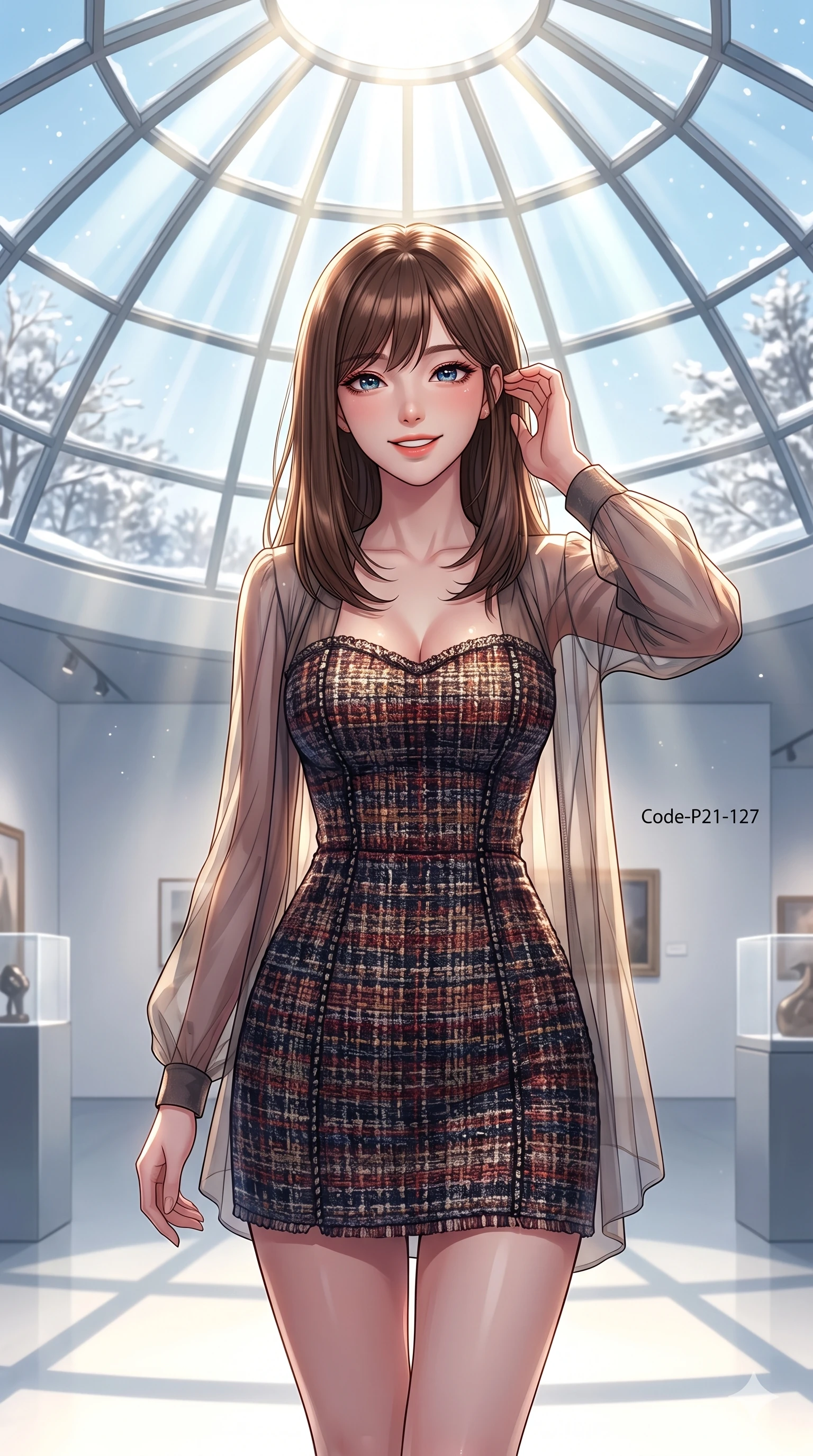 score_9, masterpiece, best quality, ultra-detailed, high-budget anime keyframe, vibrant anime aesthetic, Korean woman. cowboy shot from the thighs up, character and outfit filling the frame for maximum presence. She is posing with a warm, magnetic winter smile, her eyes glowing with lively energy inside a bright, minimalist art gallery in the winter (Code-P21-127). She has an absolutely perfect 8-heads proportion, an exceptionally tall and slender female figure with impossibly long slender legs and an ultra-slim waist. V-shaped jawline, high-bridge nose, intricate jewel-like eyes with depth, thick eyelashes, glossy lips with a natural sheen. wearing a custom textured bodice combined with a delicate chiffon cover-up in winter. She is illuminated by dramatic, volumetric sunlight streaming through a glass atrium dome. 2k, ultra detail, master piece, 9:16 ratio