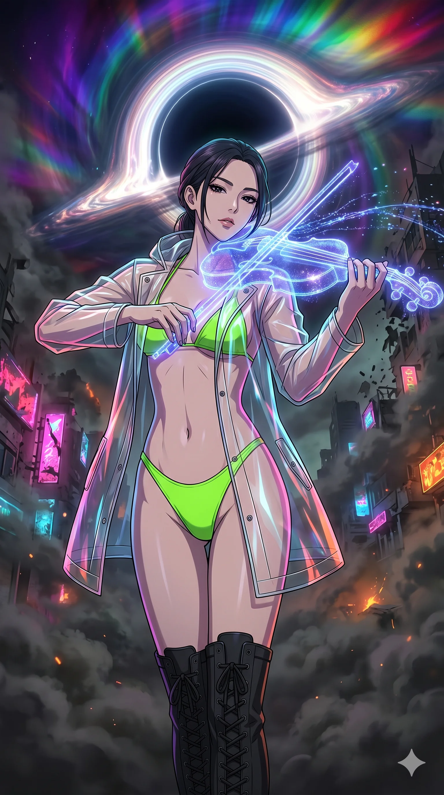 score_9, masterpiece, best quality, ultra-detailed, Set A: High-budget Anime Keyframe, Korean woman. Upper body close-up from the thighs up, character filling the screen for maximum presence. Theme: Urban Decay. playing a holographic violin in the edge of a black hole, with a look of serene power as the sky splits into 78 colors. The atmosphere is filled with heavy smog with neon flares. She has an absolutely perfect 8-heads proportion, an exceptionally tall and slender female figure with impossibly long slender legs and an ultra-slim waist. Sharp v-shaped jawline, high-bridge nose, intricate jewel-like eyes with depth, glossy lips. Wearing Transparent rain-shell over a neon-green micro-bikini and tactical boots. Cinematic lighting, vivid colors, dramatic shadows, 2k, ultra detail, master piece, 9:16 ratio