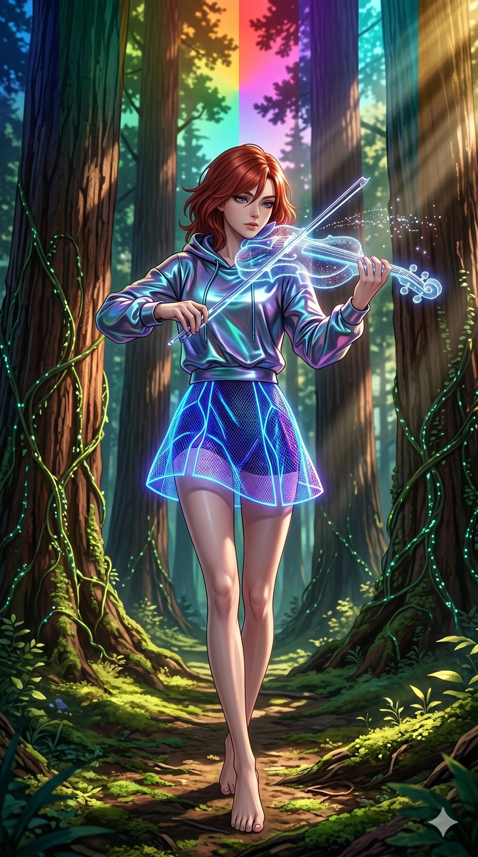 score_9, masterpiece, best quality, ultra-detailed, Set A: High-budget Anime Keyframe, Korean woman. Upper body close-up from the thighs up, character filling the screen for maximum presence. Theme: Primal Nature. playing a holographic violin in a giant redwood forest with glowing vines, with a look of serene power as the sky splits into 8 colors. The atmosphere is filled with cinematic sunlight through leaves. She has an absolutely perfect 8-heads proportion, an exceptionally tall and slender female figure with impossibly long slender legs and an ultra-slim waist. Sharp v-shaped jawline, high-bridge nose, intricate jewel-like eyes with depth, glossy lips. Wearing Cyber-rebel hoodie made of liquid-metal fabric with a neon-lit mesh skirt. Cinematic lighting, vivid colors, dramatic shadows, 2k, ultra detail, master piece, 9:16 ratio