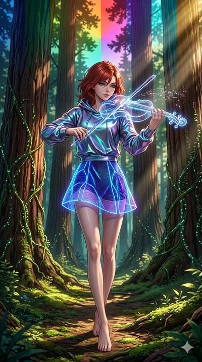 score_9, masterpiece, best quality, ultra-detailed, Set A: High-budget Anime Keyframe, Korean woman. Upper body close-up from the thighs up, character filling the screen for maximum presence. Theme: Primal Nature. playing a holographic violin in a gi