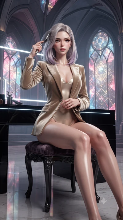 score_9, masterpiece, best quality, ultra-detailed, High-budget Anime Keyframe, editorial fashion photography, tasteful artistic composition, realistic cosplay photography, Caucasian woman, strictly human ears. Low angle cowboy shot filling the entir