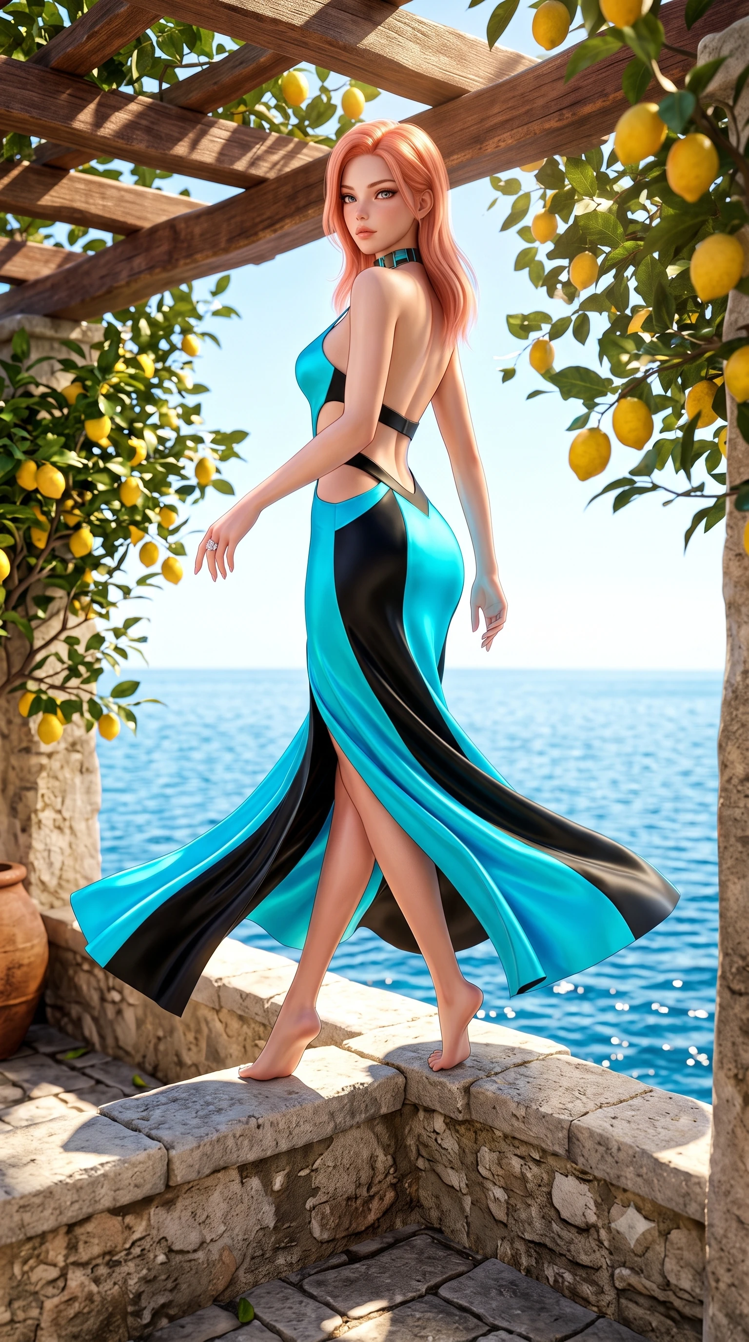 score_9, masterpiece, best quality, ultra-detailed, high-budget anime keyframe, semi-realistic 3D game render, editorial fashion photography, tasteful artistic composition, Japanese woman. low angle full-body shot from head to toe showing her feet, filling the entire 9:16 vertical frame with her statuesque presence, stretching her vertical silhouette. executing an elegant mid-motion pivot turn as garments swirl around her slender limbs, glancing over her shoulder with an intoxicating bedroom-gaze while perching on an ancient stone terrace wall with legs crossed, looking over her bare shoulder with a sun-kissed, teasing bedroom-gaze over the sparkling sea. The surrounding environment is rendered in vivid detail and crisp panoramic clarity. sharp rustic chestnut wood pergola beams, rough limestone paving stones, and lemon rind texture in deep focus. She has an exceptionally tall and slender model-like 8.5-heads proportion, an ultra-slim waist, a flat toned midriff, narrow delicate ribcage, and beautifully sculpted feminine hips creating a graceful, slim hourglass silhouette without any bulky heaviness, with impossibly long slender legs. sharp v-shaped jawline, high-bridge nose, intricate jewel-like eyes with depth, thick eyelashes, glossy parted lips with a natural sheen, intensely captivating and seductive bedroom-eyes expression, flawlessly proportioned anatomical accuracy, strict slender model proportions, natural body alignment, perfectly sculpted long slender limbs, ultra-slim waistline, clean dynamic posture without body distortion. wearing a sculptured liquid-satin mermaid gown with an architectural open-waist cutout and bare spine in neon electric cyan and lacquer black, made of fluid silk crepe with delicate inner corsetry boning, complemented by a bold geometric choker and sparkling cocktail ring, the precision-cut side openings and low-back scoop framing her graceful spine and the sensual sweep of her slim, toned hips. bathed in brilliant Mediterranean golden hour sunlight dappled through lush lemon tree leaves. highly saturated vibrant anime colors, detailed shading with soft gradients, rich glossy textures, high-contrast stereoscopic depth, volumetric dynamic lighting, master piece, 9:16 ratio