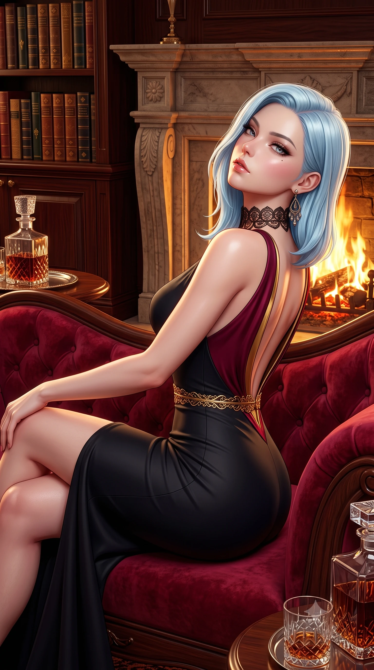 score_9, masterpiece, best quality, ultra-detailed, high-budget anime keyframe, semi-realistic 3D game render, editorial fashion photography, tasteful artistic composition, Korean woman. close-up cowboy shot from the waist and thighs up, the character dominates the composition, filling the frame with her large presence. tilting her chin up with proud, sovereign allure while gazing through thick eyelashes with an irresistible, dangerous bedroom-gaze while reclining back into a plush crimson velvet chaise lounge before a roaring stone fireplace, one knee drawn up in seductive ease. The surrounding environment is rendered in vivid detail and crisp panoramic clarity. sharp book spine leather textures, polished mahogany wood grain, and crystal glass facets in deep focus. She has an exceptionally elegant, slender, and willowy female figure with an ultra-slim waist, a gracefully sculpted slender torso, toned flat midriff, and a refined slim silhouette. sharp v-shaped jawline, high-bridge nose, intricate jewel-like eyes with depth, thick eyelashes, glossy parted lips with a natural sheen, intensely captivating and seductive expression, flawlessly proportioned anatomical accuracy, strict slender model proportions, natural body alignment, perfectly sculpted long slender limbs, ultra-slim waistline, clean dynamic posture without body distortion. wearing a sleek obsidian column dress with gold filigree waist cincher and plunging backline in deep royal wine burgundy and liquid gold, made of fluid silk crepe with delicate inner corsetry boning, finished with a dramatic filigree Victorian choker and chandelier earrings, the glove-like aerodynamic second-skin fit tightly clinging to her ultra-slender waist and feminine curves without adding bulk. illuminated by rich directional firelight sculpting every feminine curve of her slender silhouette. highly saturated vibrant anime colors, detailed shading with soft gradients, rich glossy textures, high-contrast stereoscopic depth, volumetric dynamic lighting, master piece, 9:16 ratio