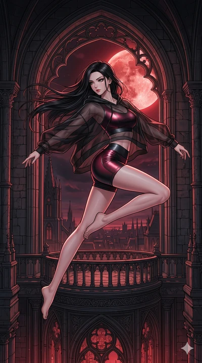 score_9, masterpiece, best quality, ultra-detailed, high-budget anime movie keyframe, cinematic anime lighting, intricate line art, Japanese woman. Dynamic full-body shot stretching the vertical silhouette across the 9:16 frame. leaping gracefully in