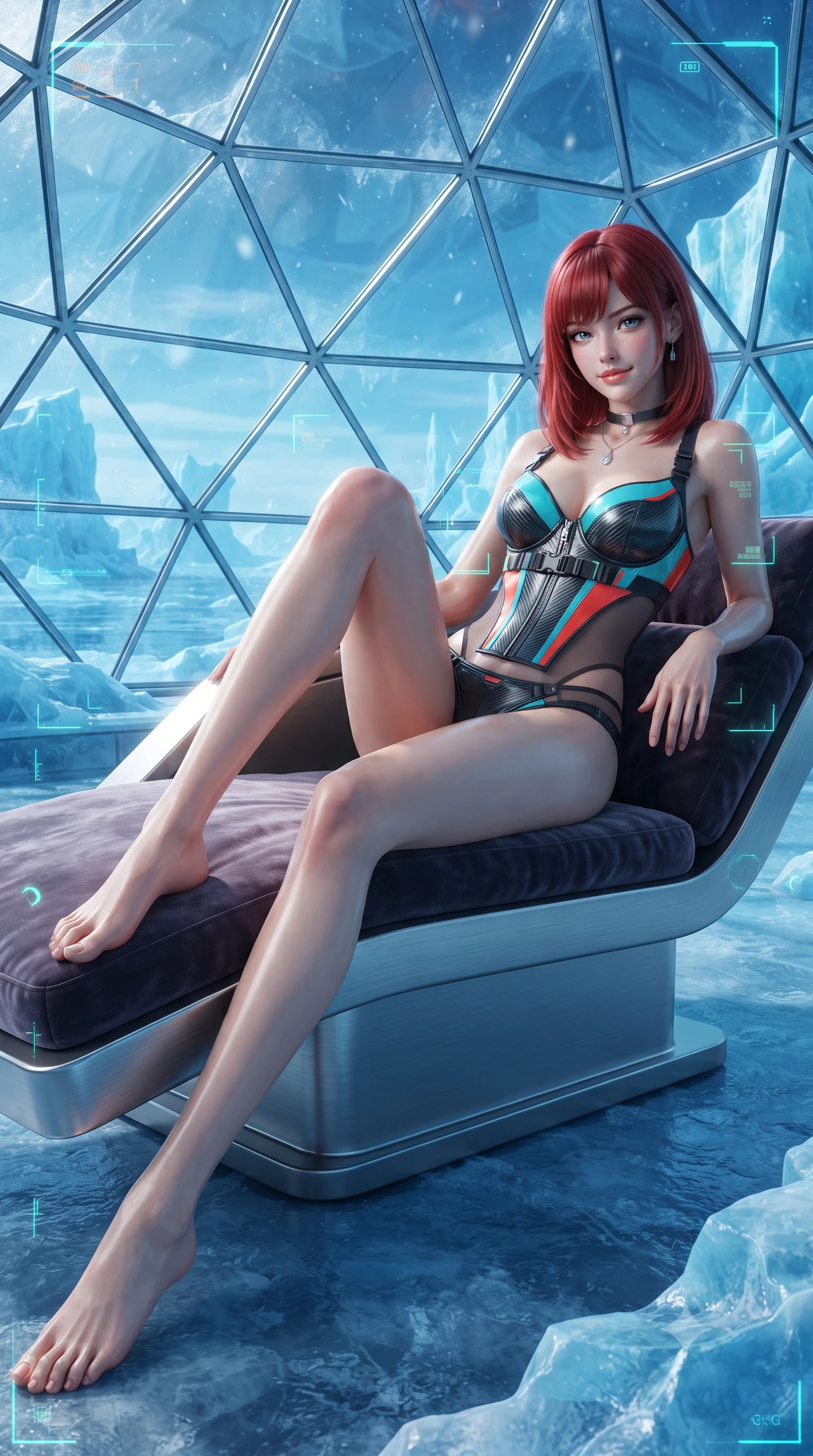 score_9, masterpiece, best quality, ultra-detailed, high-budget anime keyframe, editorial fashion photography, tasteful artistic composition, Caucasian woman. low angle full-body shot from head to toe showing her feet, filling the entire 9:16 vertical frame with her statuesque presence, stretching her vertical silhouette. reclining gracefully across the plush chaise lounge with one leg extended, her sculpted silhouette and flat midriff radiating magnetic nocturnal glamour while sitting gracefully on the heated stone parapet ledge with legs crossed, flashing an enchanting smile with parted glossy lips. The surrounding environment is rendered in vivid detail and crisp panoramic clarity: sharp faceted geodesic glass dome frames, wind-sculpted blue ice crusts, and glowing tactical HUD reticles in deep focus. She has an exceptionally tall and slender model-like 8.5-heads proportion, an ultra-slim waist, a flat toned midriff, narrow delicate ribcage, and beautifully sculpted feminine hips creating a graceful, slim hourglass silhouette without any bulky heaviness, with impossibly long slender legs. sharp v-shaped jawline, high-bridge nose, intricate jewel-like sparkling eyes with depth, thick eyelashes, glossy parted lips with a natural peach sheen, bright cheerful beaming smile with an enchanting and coquettish sensual glint, exuding both youthful cute charm and seductive allure, flawlessly proportioned anatomical accuracy, strict slender model proportions, natural body alignment, perfectly sculpted long slender limbs, ultra-slim waistline, clean dynamic posture without body distortion. wearing a sculpted carbon-fiber underwire crop corset with tactical buckle straps paired with low-rise micro shorts in cyber-shinto vermilion and laser turquoise, featuring strategic sheer-illusion tulle side panels framing her ribcage and hips, finished with a minimalist chrome choker and a single teardrop diamond pendant, the precision-cut side openings and low-back scoop framing her graceful spine and the sensual sweep of her slim, toned hips. illuminated by snow crust reflection bounce and sharp aurora-emerald rim lights sculpting her jawline, narrow waist, and curvy hips. ultra-reflective glossy finish, specular highlights, rich textural contrasts, high-contrast stereoscopic depth, volumetric dynamic lighting, 2k, ultra detail, master piece, 9:16 ratio