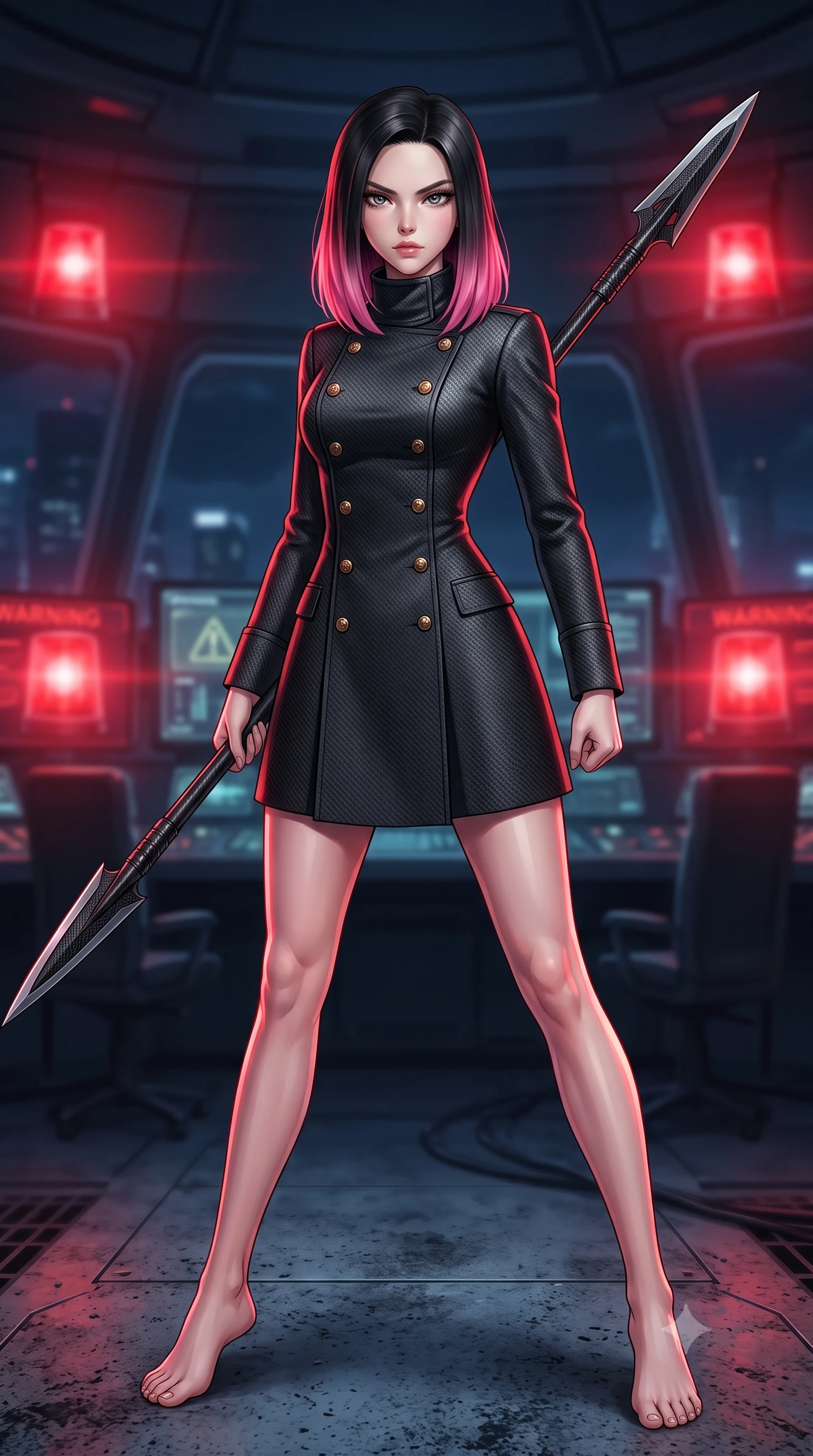 score_9, masterpiece, best quality, ultra-detailed, high-budget anime keyframe, editorial fashion photography, tasteful artistic composition, Korean woman. low angle full-body shot from head to toe showing her feet, filling the entire 9:16 vertical frame with her statuesque presence, stretching her vertical silhouette. standing in a dynamic combat stance with a carbon-fiber spear held diagonally, stretching her statuesque body, the background shows a soft-focus a citadel control dome with warning screens and warning lights at night. She has an absolutely perfect, statuesque 8.5-heads proportion, an exceptionally tall and slender model-like female figure with impossibly long slender legs and an ultra-slim waist. sharp v-shaped jawline, high-bridge nose, intricate jewel-like eyes with depth, thick eyelashes, glossy lips with a natural sheen. wearing a form-contouring tailored carbon-weave military dress coat with double-breasted brass buttons and a stiff high-collar wrap. pulsing red emergency warning beacons casting high-contrast dramatic shadows. highly saturated vibrant anime colors, detailed shading with soft gradients, rich glossy textures, high-contrast stereoscopic depth, volumetric dynamic lighting, master piece, 9:16 ratio