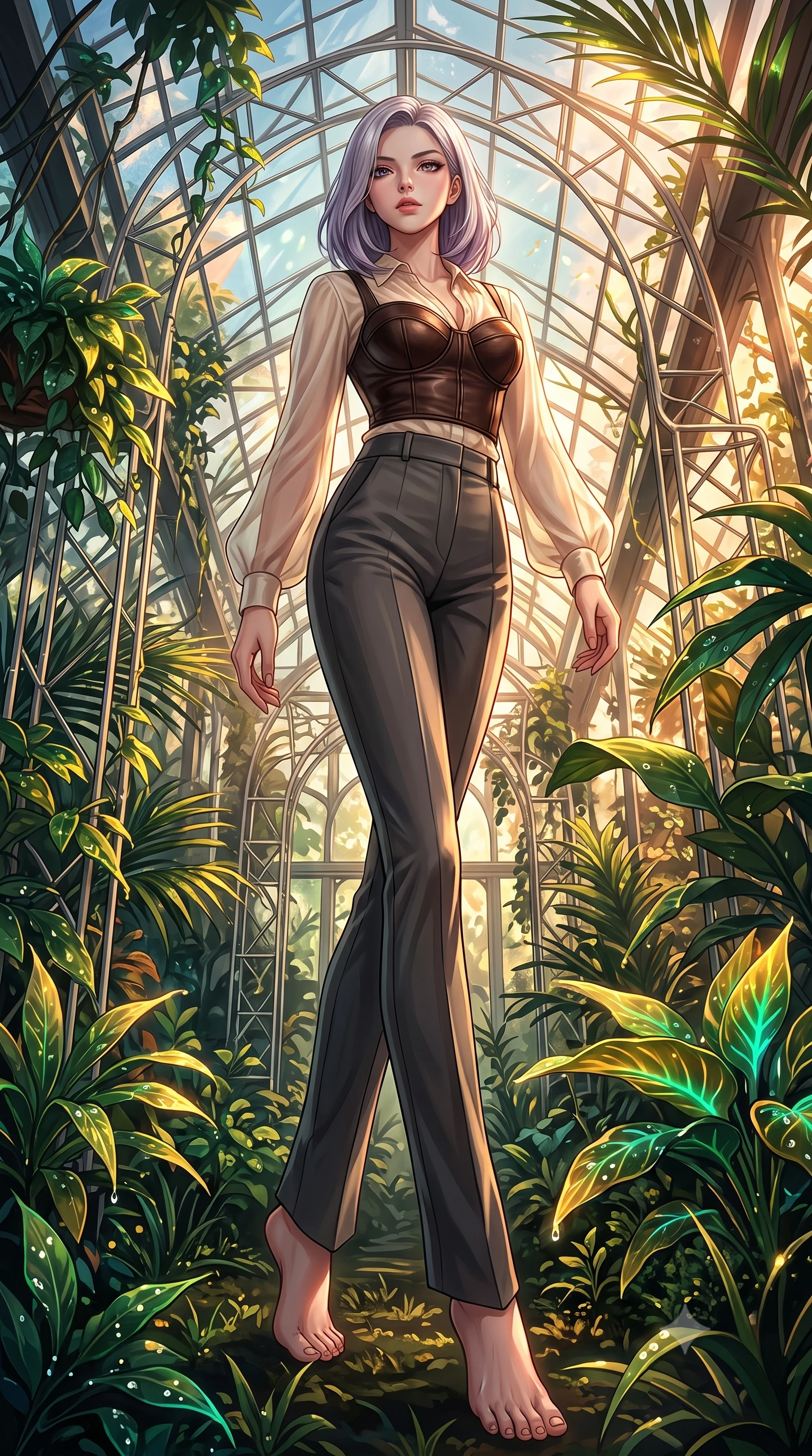 score_9, masterpiece, best quality, ultra-detailed, high-budget anime keyframe, editorial fashion photography, tasteful artistic composition, Caucasian woman. low angle full-body shot from head to toe showing her feet, filling the entire 9:16 vertical frame with her statuesque presence, stretching her vertical silhouette. forging dynamically through the scene, her vertical silhouette beautifully stretched forging through an overgrown greenhouse filled with platinum wire lattices, dewdrops on bioluminescent leaves reflecting vibrant emerald and gold. She has an absolutely perfect, statuesque 8.5-heads proportion, an exceptionally tall and slender model-like female figure with impossibly long slender legs and an ultra-slim waist. sharp v-shaped jawline, high-bridge nose, intricate jewel-like eyes with depth, thick eyelashes, glossy lips with a natural sheen. wearing a tailored leather bustier over a sheer silk chiffon blouse with tailored slacks, the glove-like fit emphasizing her statuesque silhouette. lit by warm golden-hour rays cascading through crystalline glass panes. highly saturated vibrant anime colors, detailed shading with soft gradients, rich glossy textures, high-contrast stereoscopic depth, volumetric dynamic lighting, master piece, 9:16 ratio