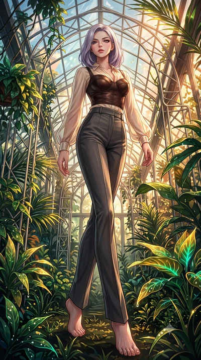 score_9, masterpiece, best quality, ultra-detailed, high-budget anime keyframe, editorial fashion photography, tasteful artistic composition, Caucasian woman. low angle full-body shot from head to toe showing her feet, filling the entire 9:16 vertica