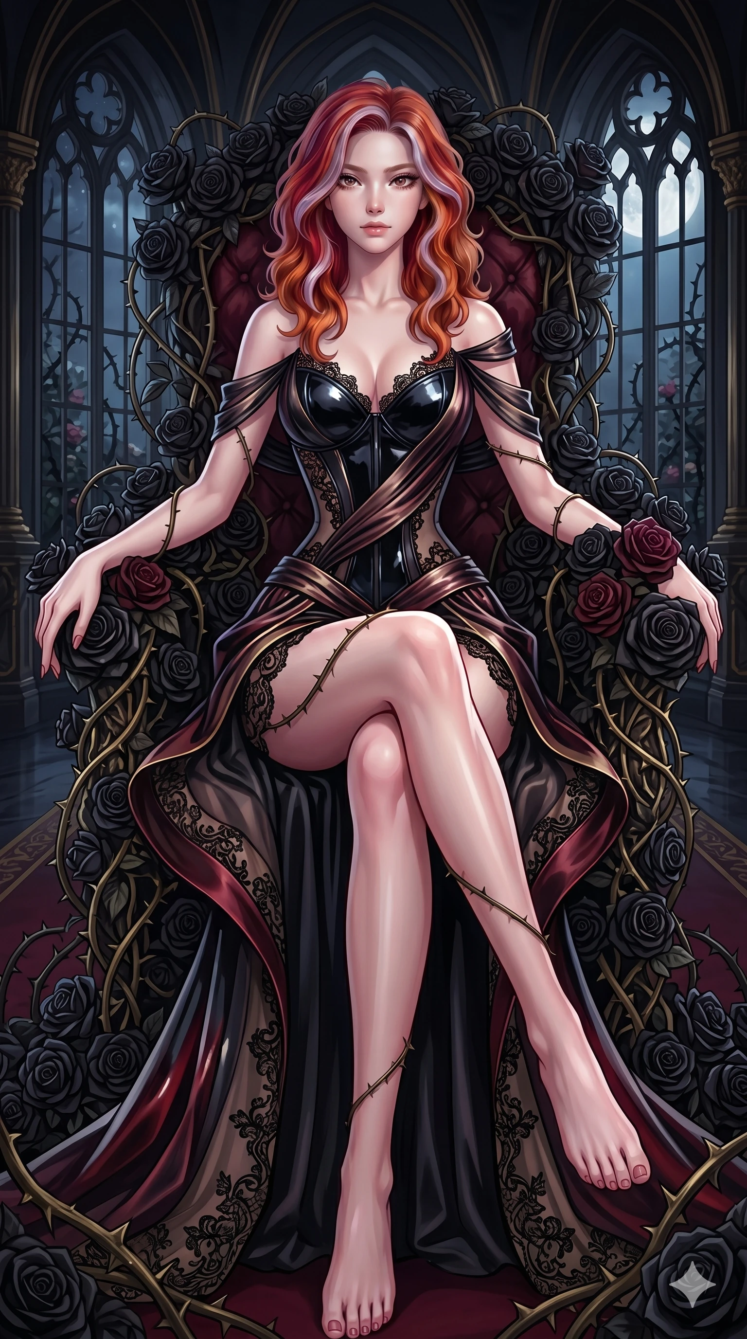 score_9, masterpiece, best quality, ultra-detailed, High-budget Anime Keyframe, East Asian woman. Dynamic full-body shot stretching the vertical silhouette to the limit. Scenario 70: Resting on a throne of black roses, thorns grazing her skin. Her presence is magnetic and overpowering in this high-budget anime scene. Outfit 70: A patent leather decorative silk bands with a artistically draped detail and delicate lace embroidery. The clothing is designed to emphasize her exceptionally tall and slender 8-heads proportion. 8-heads proportion, towering silhouette, ultra-slim waist. sharp v-shaped jawline, intricate jewel-like eyes with depth, thick eyelashes, glossy lips. 2k, ultra detail, master piece, 9:16 ratio
