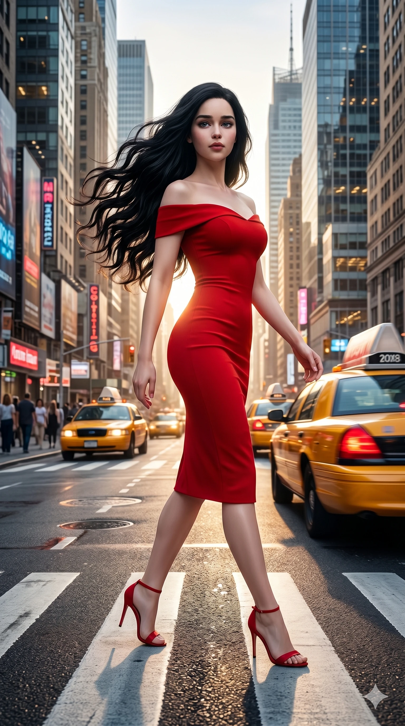 score_9, score_8_up, score_7_up, source_anime, masterpiece, best quality, ultra-detailed, same character with long flowing black hair, wearing a red off-the-shoulder bodycon dress, full body shot walking across a zebra crossing in a busy downtown area, yellow taxis passing by, cinematic motion blur, 2k, 9:16 ratio