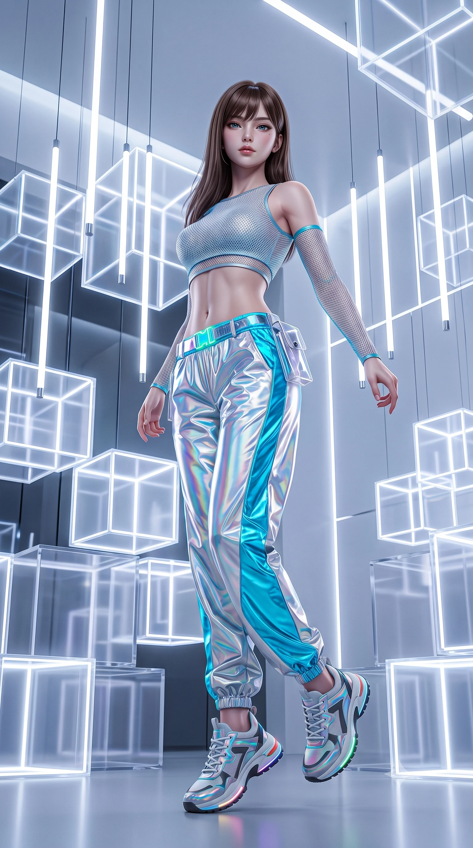 score_9, masterpiece, best quality, ultra-detailed, high-budget anime keyframe, semi-realistic 3D game render, editorial fashion photography, tasteful artistic composition, Korean woman. low angle full-body shot from head to toe showing her feet, filling the entire 9:16 vertical frame with her statuesque presence, stretching her vertical silhouette. executing an elegant mid-motion spin with effortless grace, her garments fluttering softly around her ultra-slim waistline while posing inside an avant-garde digital art gallery surrounded by glowing translucent acrylic cubes and suspended LED tubes. The surrounding environment is rendered in vivid detail and crisp panoramic clarity. ultra-modern minimalist gallery chiaroscuro and precision-engineered light art aesthetics in sharp focus. She has an absolutely perfect, statuesque 8.5-heads proportion, an exceptionally tall and slender model-like female figure with impossibly long slender legs, a toned flat midriff, and an ultra-slim waist. sharp v-shaped jawline, high-bridge nose, intricate jewel-like eyes with depth, thick eyelashes, glossy lips with a natural sheen, captivating and magnetic expression, flawlessly proportioned anatomical accuracy, strict slender model proportions, natural body alignment, perfectly sculpted long slender limbs, ultra-slim waistline, clean dynamic posture without body distortion. wearing a sporty asymmetrical sleeve-warmer crop top with low-slung metallic parachute track pants in holographic silver and electric cyan, made of breathable technical athletic mesh and liquid-finish track nylon, complemented by a neon LED belt buckle and translucent vinyl holster, the breezy yet form-flattering drape swaying gracefully with her steps, accentuating her long willowy limbs and slim waistline. surrounded by a cutting-edge, avant-garde, and mesmerizingly stylish future-fashion muse aura. highly saturated vibrant anime colors, detailed shading with soft gradients, rich glossy textures, high-contrast stereoscopic depth, volumetric dynamic lighting, master piece, 9:16 ratio
