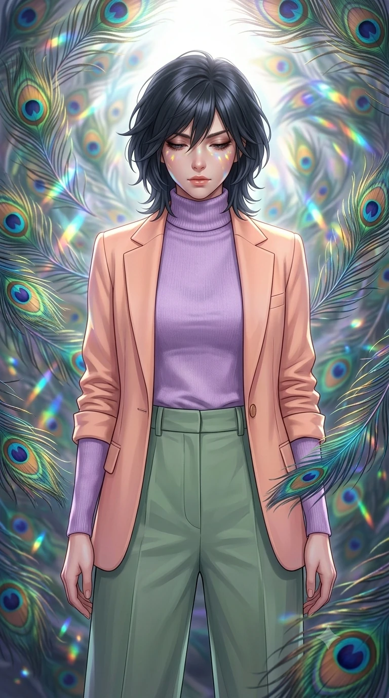 score_9, masterpiece, best quality, ultra-detailed, high-budget anime keyframe, editorial fashion photography, tasteful artistic composition, Caucasian woman, strictly human ears. close-up cowboy shot from the waist and thighs up, the character dominates the composition, filling the frame with her large presence, background elements kept in soft focus. Looking down with lowered lashes and a composed powerful expression. set against a soft-focus background of caught in a magnificent storm of thousands of iridescent peacock feathers that catch and scatter light into rainbow fractals as they swirl in complex spiraling patterns through the air. She has an exceptionally elegant and slender, willowy female figure with an ultra-slim waist, a gracefully sculpted slender torso, and a refined slim physique. sharp v-shaped jawline, high-bridge nose, intricate jewel-like eyes with depth, thick eyelashes, glossy lips with a natural sheen. wearing a soft lilac purple cashmere turtleneck layered under a pastel peach tailored blazer, paired with sage green wide-leg trousers. brilliant white key light from above refracting through the iridescent feather barbs into a dazzling display of emerald blue gold and violet scattered light. 2k, ultra detail, master piece, 9:16 ratio