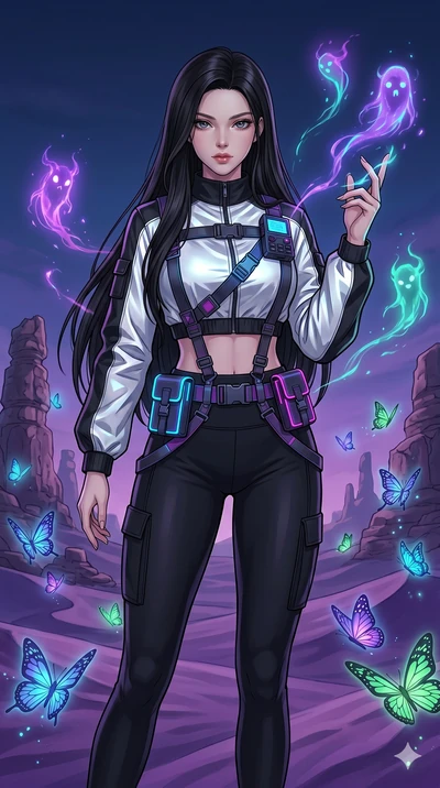 score_9, masterpiece, best quality, ultra-detailed, high-budget anime movie keyframe, cinematic anime lighting, intricate line art, Japanese woman. Medium shot of upper body capturing the intricate details of her high-fashion attire. summoning mystic