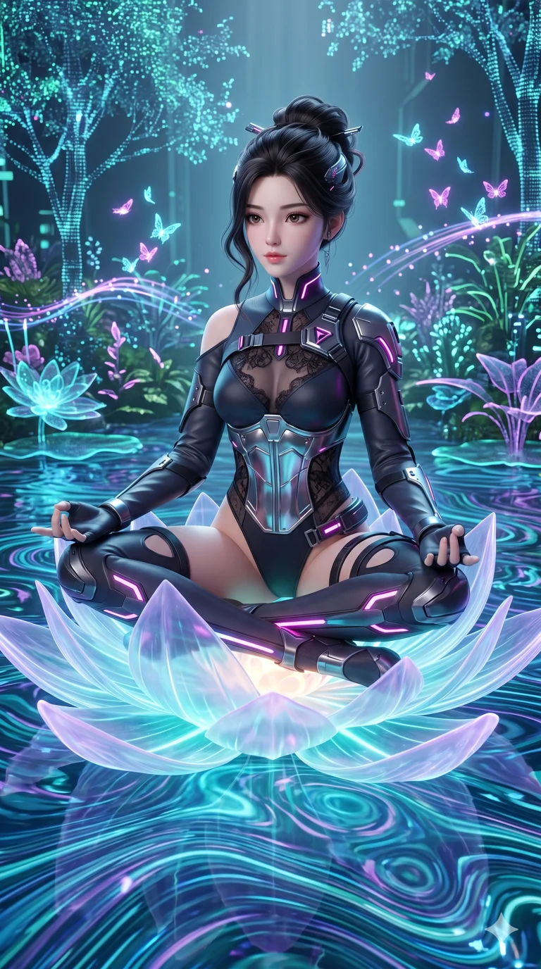 score_9, masterpiece, best quality, ultra-detailed, Semi-realistic 3D Game Render, high-fidelity character model, intricate textures, dynamic particle effects, Unreal Engine 5 aesthetic, crisp 3D depth, Japanese woman with delicate and elegant anime-inspired features. Dynamic full-body shot stretching the vertical silhouette, capturing her from a powerful low-angle perspective. Meditating atop a massive digital lotus blossom that floats on a pond of liquid light. She has an absolutely perfect 8-heads proportion, an exceptionally tall and slender female figure with impossibly long slender legs and an ultra-slim waist, her statuesque height and towering silhouette dominating the vertical 9:16 frame. Her face is a masterpiece featuring a sharp v-shaped jawline, high-bridge nose, intricate jewel-like eyes with depth, thick eyelashes, and glossy lips with a natural sheen. She is wearing a Asymmetrical high-cut tech-bodysuit with detached sleeves, chrome-plated corset over sheer lace, and neon-lit tactical gear with suggestive cutouts.. The scene is set in a digital garden filled with holographic lotus flowers and neon butterflies. 2k, ultra detail, master piece, 9:16 ratio