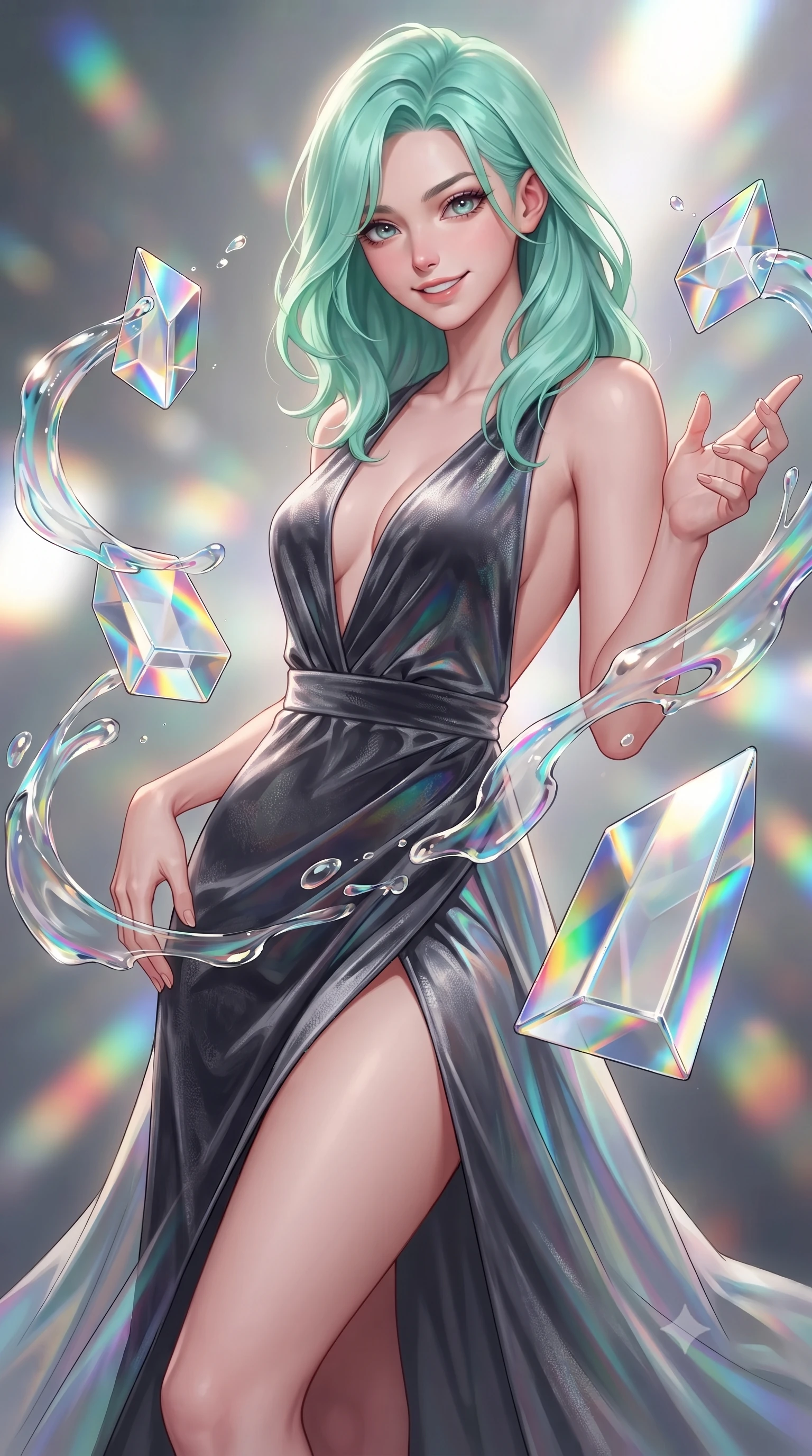 score_9, masterpiece, best quality, ultra-detailed, high-budget anime keyframe, editorial fashion photography, tasteful artistic composition, Japanese woman. close-up cowboy shot from the waist and thighs up, the character dominates the composition, filling the frame with her large presence, background elements kept in soft focus. Smiling with quiet, magnetic self-assurance directly into the lens interacting with floating glass prisms that refract liquid light into rainbows, translucent liquid acrylic trails creating dynamic motion paths. She has an exceptionally elegant, slender, and willowy female figure with an ultra-slim waist, a gracefully sculpted slender torso, and a refined silhouette. sharp v-shaped jawline, high-bridge nose, intricate jewel-like eyes with depth, thick eyelashes, glossy lips with a natural sheen. wearing a backless crushed velvet gown with a deep V-neckline and high thigh slit in charcoal grey and platinum, crafted from iridescent chiffon that shifts colors in the light, accented with a Tasteful chest slit framing her clavicle gracefully, the elegant draped fit framing her graceful clavicle and slender torso. drenched in bright white key light with colorful prismatic rim lighting. highly saturated vibrant anime colors, detailed shading with soft gradients, rich glossy textures, high-contrast stereoscopic depth, volumetric dynamic lighting, master piece, 9:16 ratio